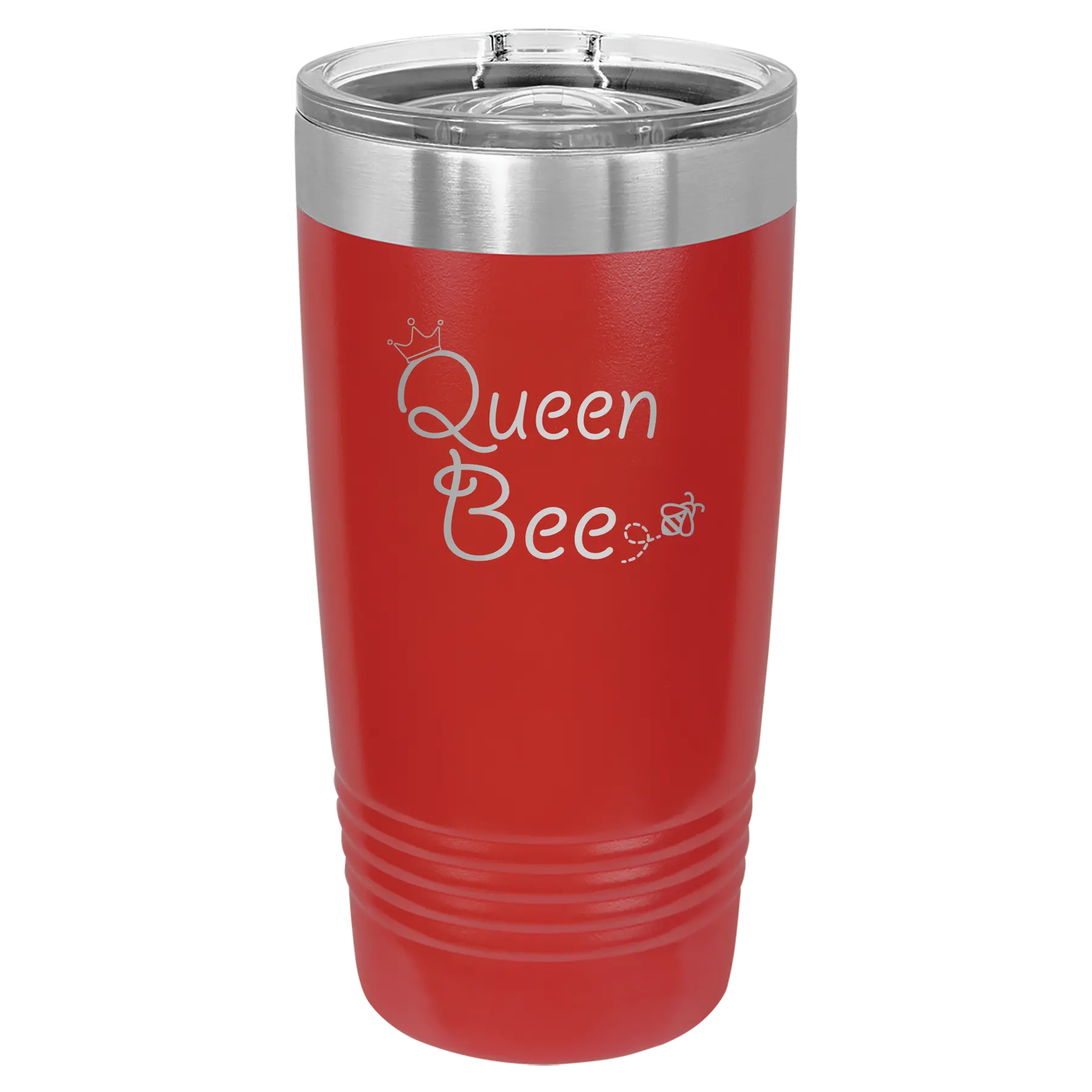 Laser etched red 20 oz vacuum insulated tumbler with 'Queen Bee' design