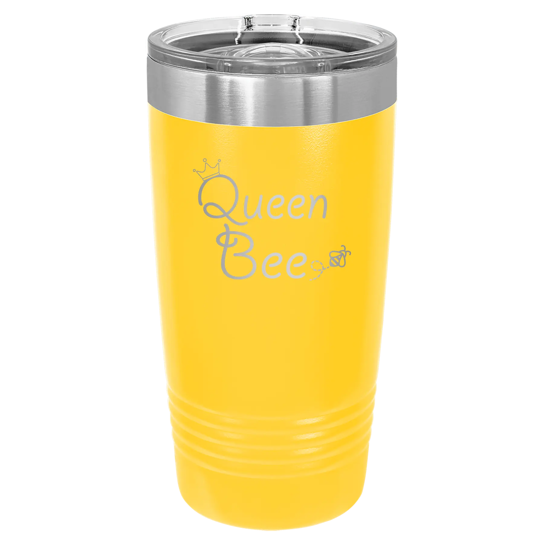 Laser etched yellow 20 oz vacuum insulated tumbler with 'Queen Bee' design