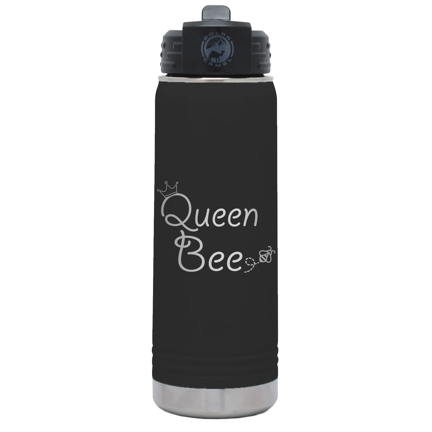 Laser etched black 20 oz vacuum insulated water bottle with 'Queen Bee' design