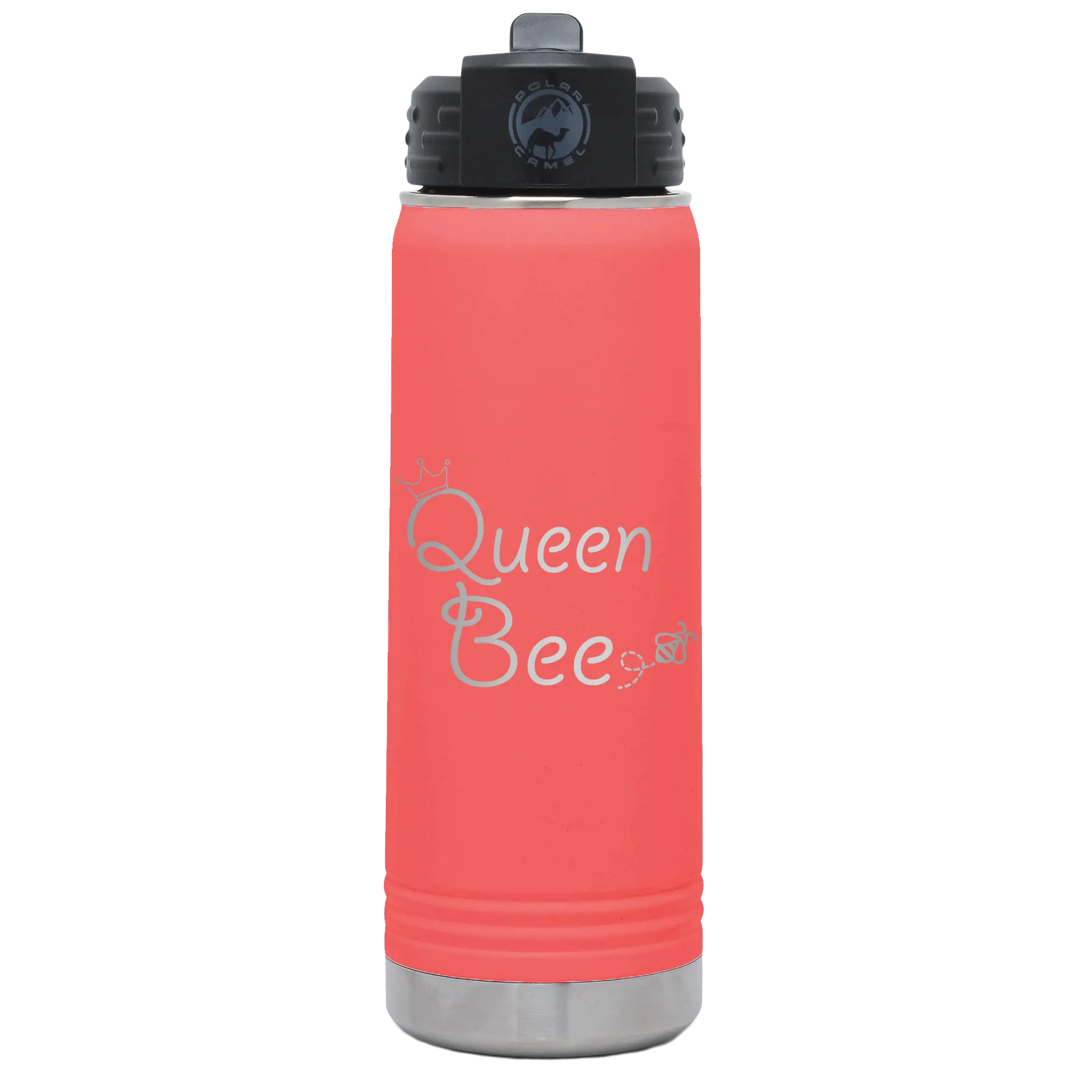 Laser etched coral 20 oz vacuum insulated water bottle with 'Queen Bee' design