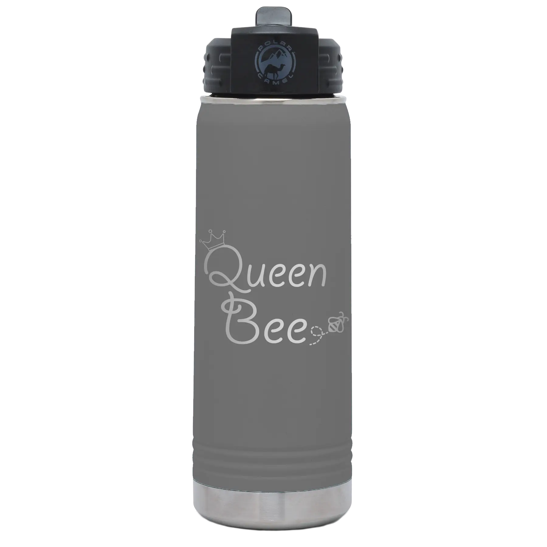 Laser etched dark gray 20 oz vacuum insulated water bottle with 'Queen Bee' design