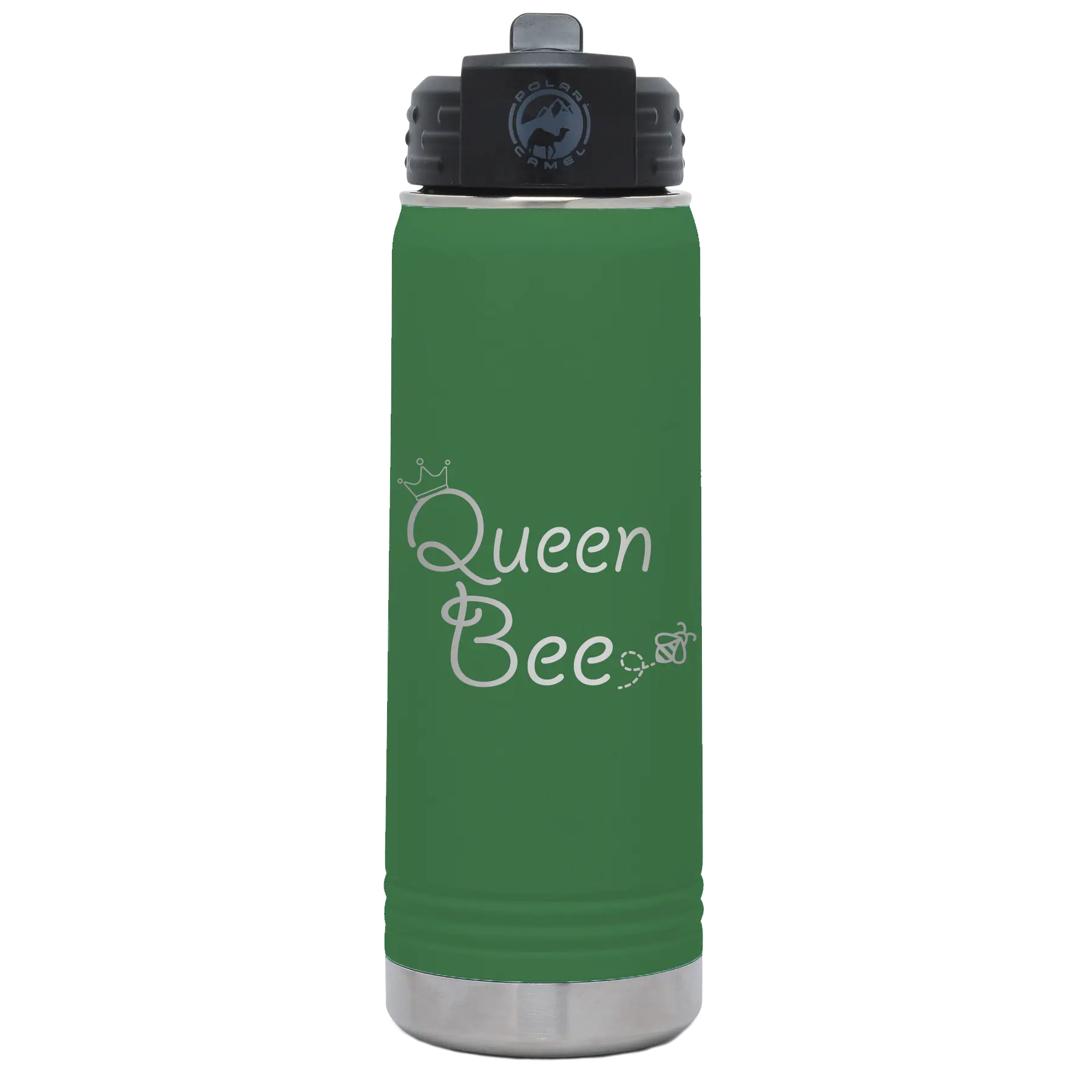 Laser etched green 20 oz vacuum insulated water bottle with 'Queen Bee' design