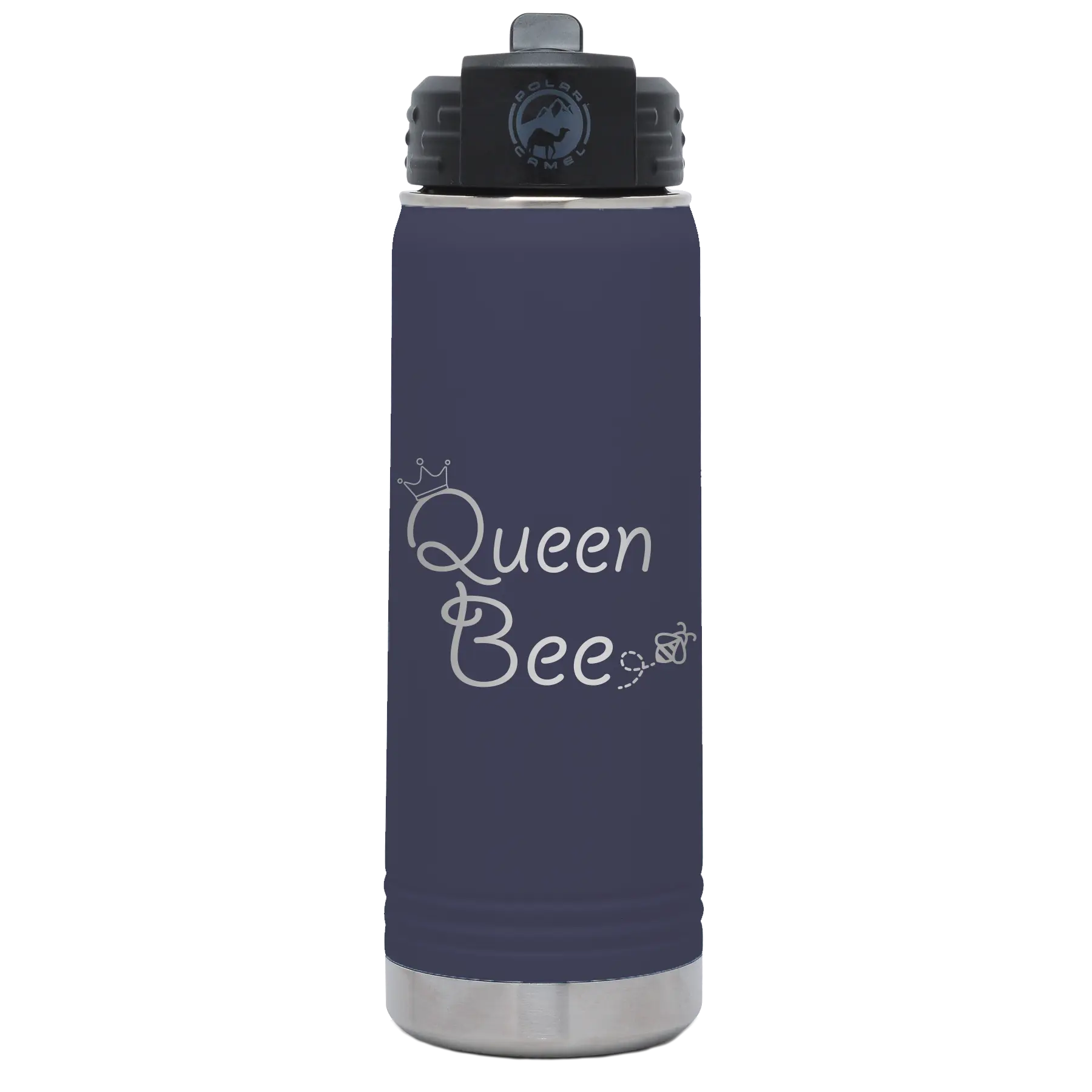 Laser etched navy 20 oz vacuum insulated water bottle with 'Queen Bee' design