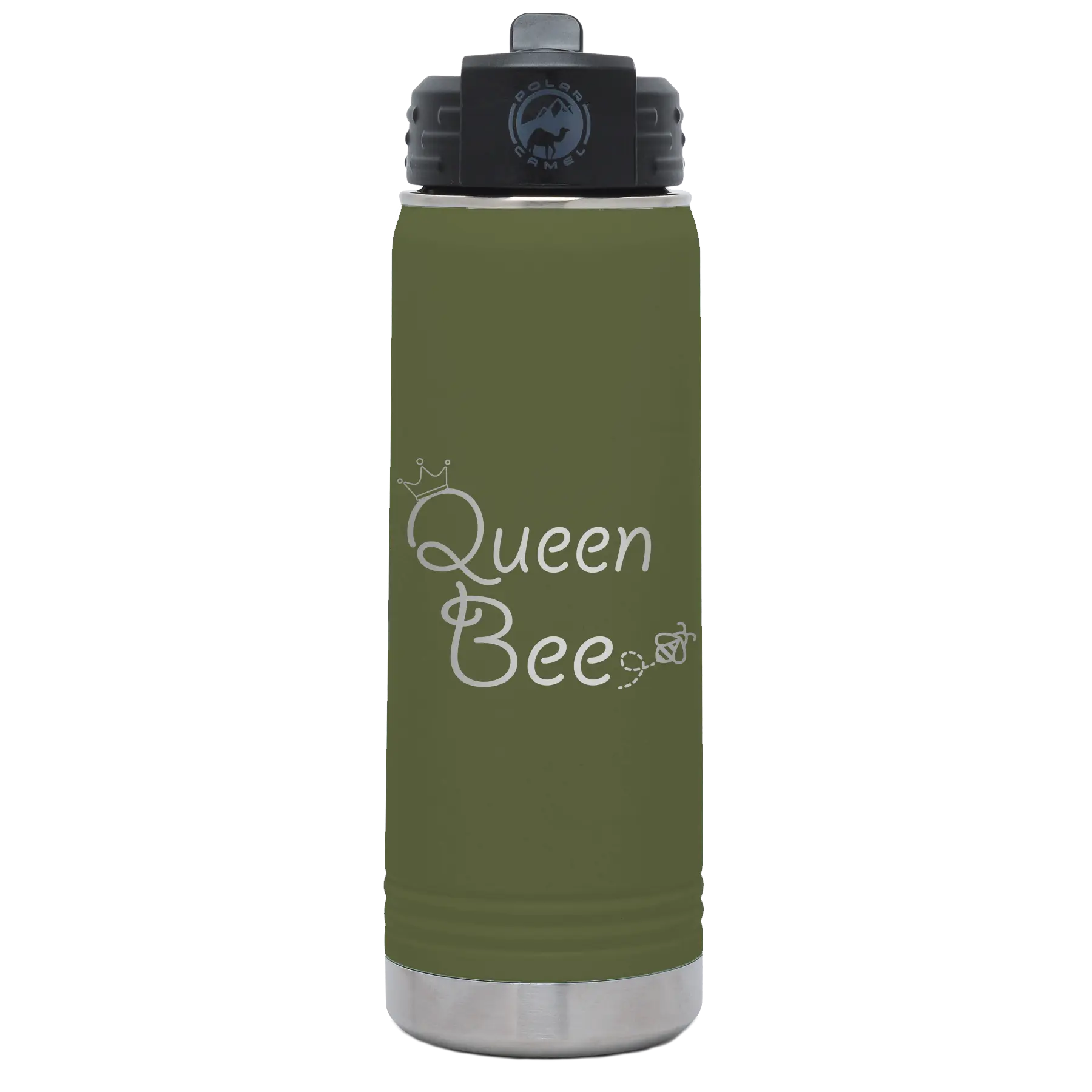 Laser etched olive green 20 oz vacuum insulated water bottle with 'Queen Bee' design