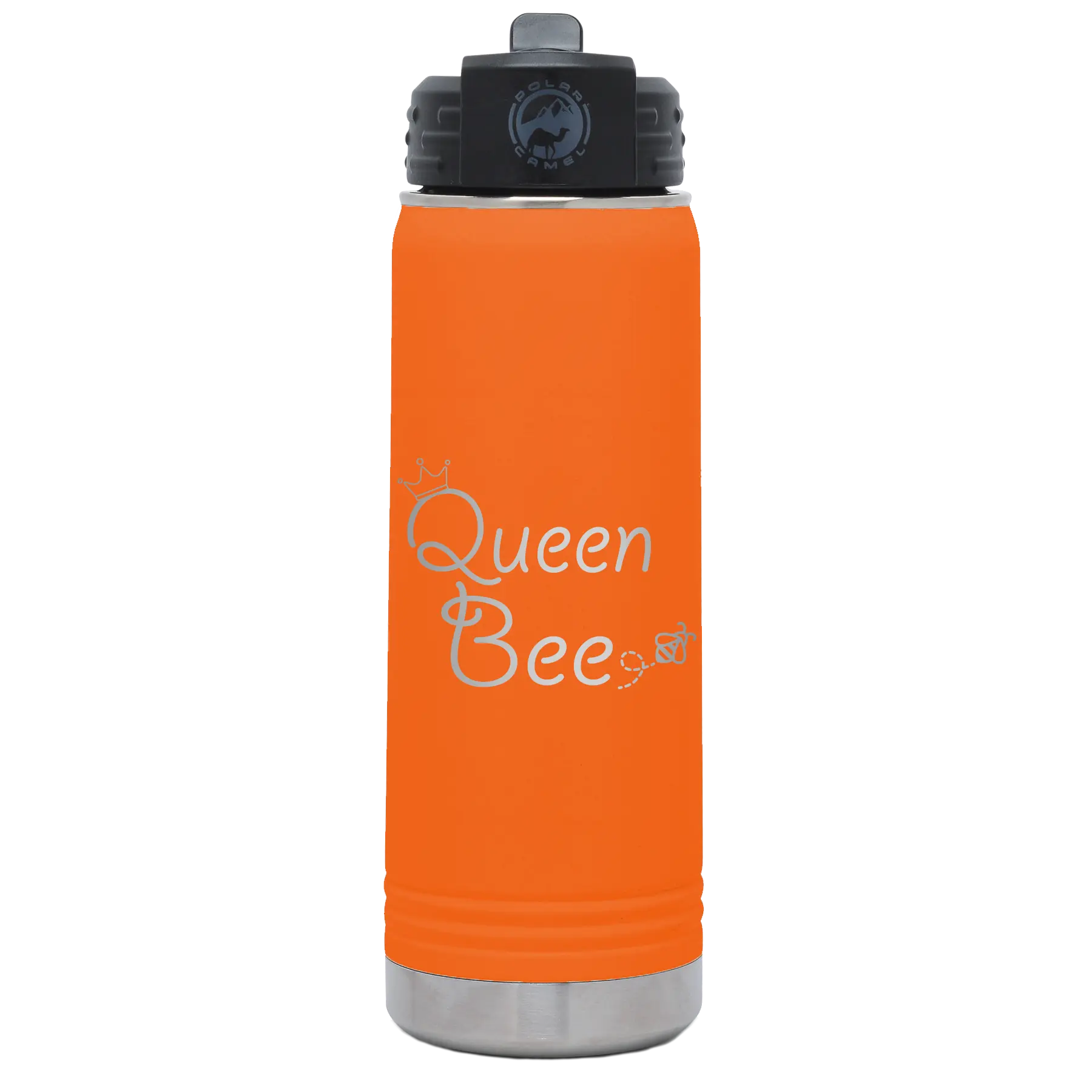Laser etched orange 20 oz vacuum insulated water bottle with 'Queen Bee' design