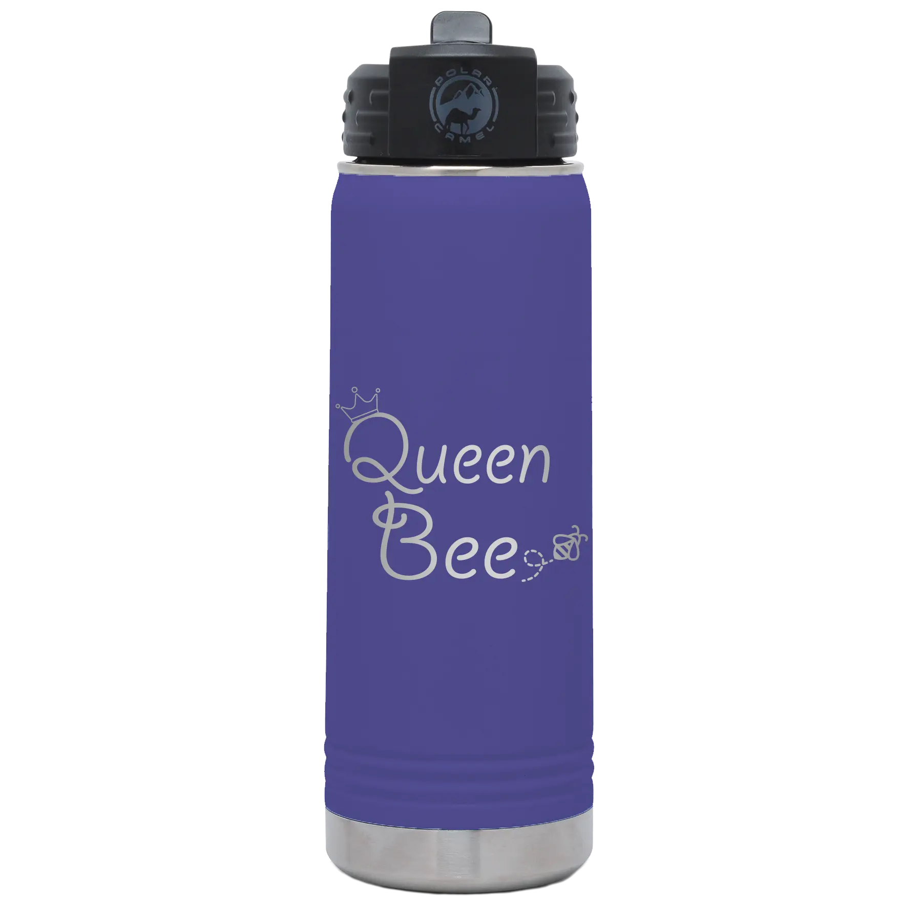 Laser etched purple 20 oz vacuum insulated water bottle with 'Queen Bee' design