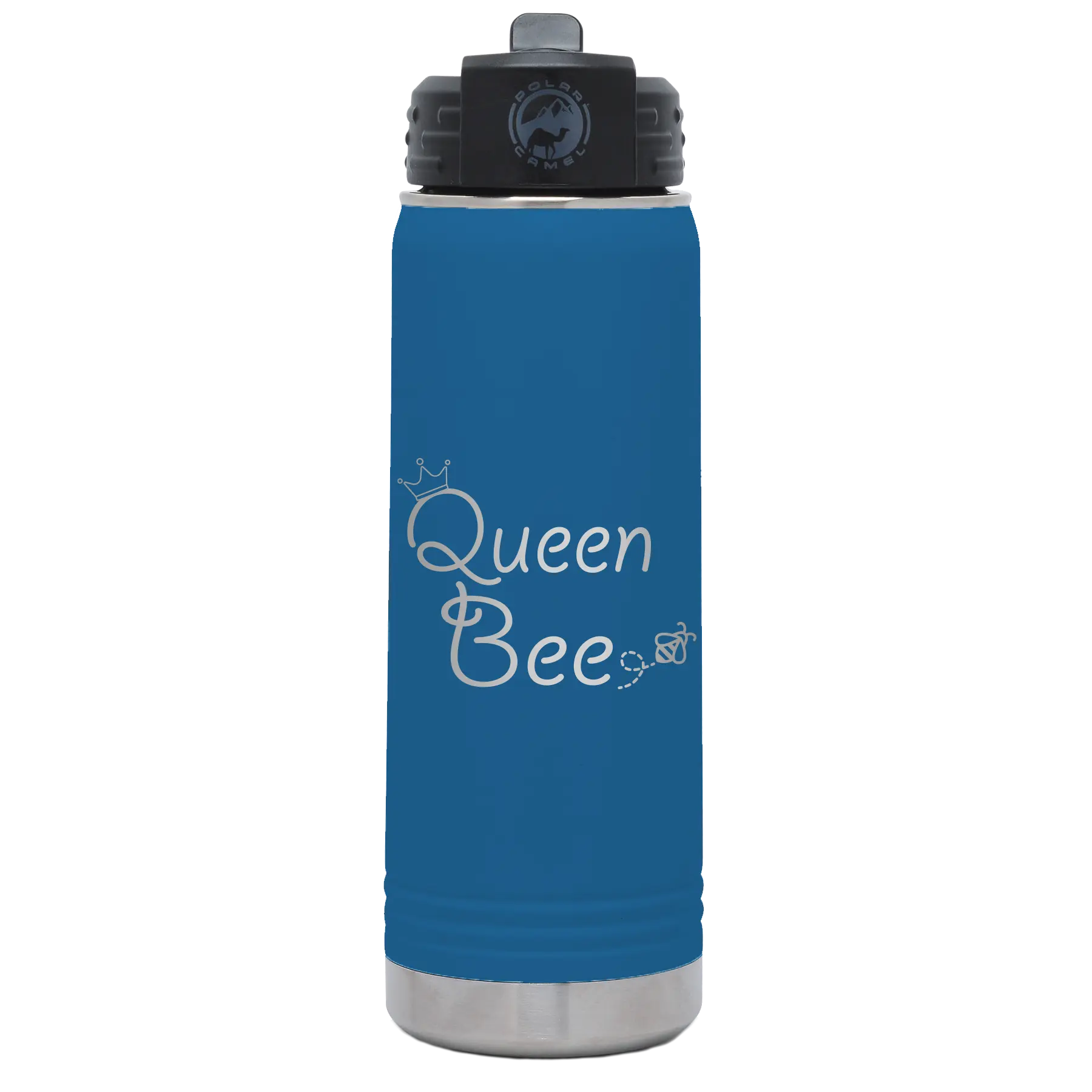 Laser etched royal blue 20 oz vacuum insulated water bottle with 'Queen Bee' design
