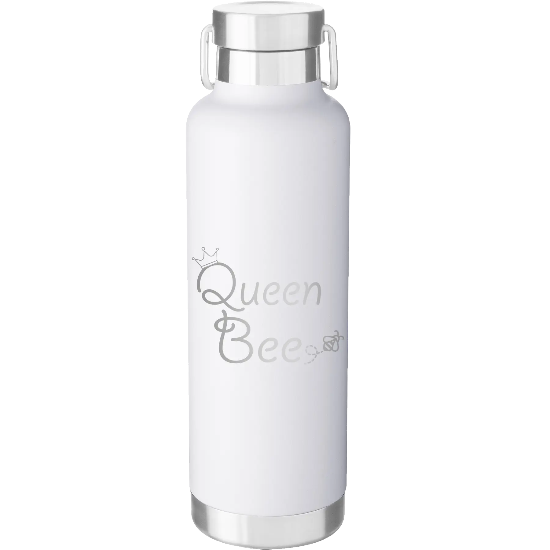 Laser etched white 24 oz vacuum insulated water bottle with 'Queen Bee' design