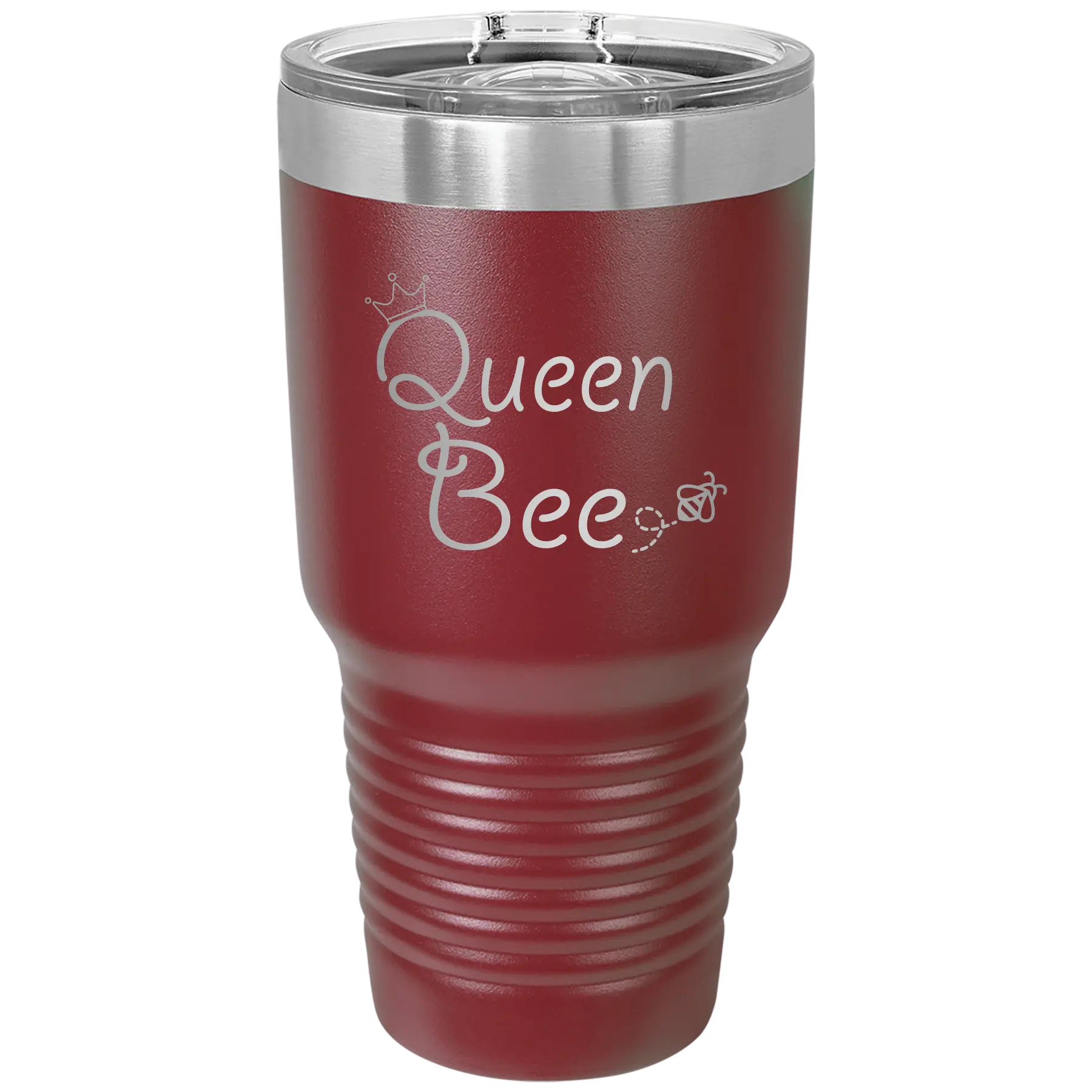 Laser etched maroon 30 oz vacuum insulated tumbler with 'Queen Bee' design