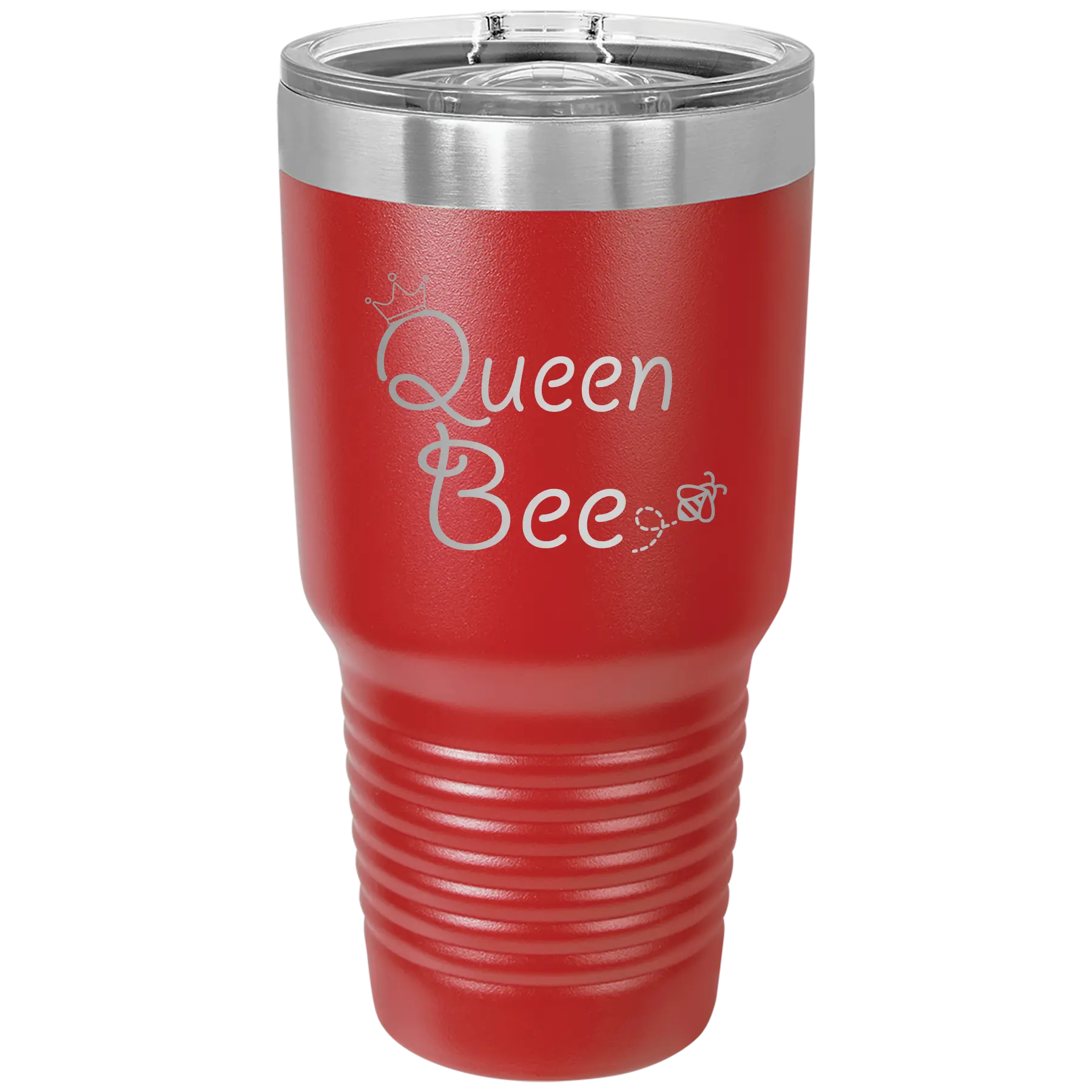 Laser etched red 30 oz vacuum insulated tumbler with 'Queen Bee' design