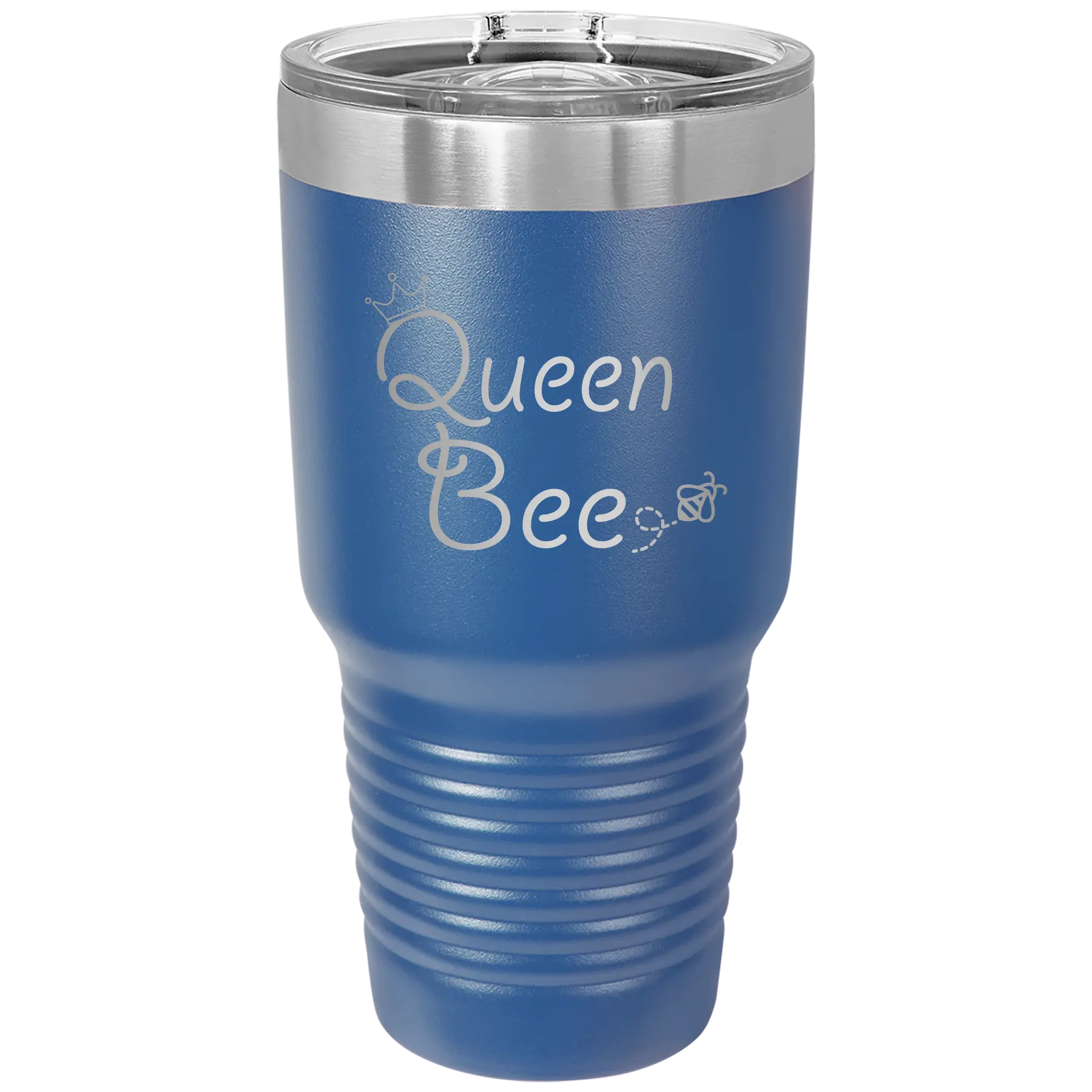 Laser etched royal blue 30 oz vacuum insulated tumbler with 'Queen Bee' design
