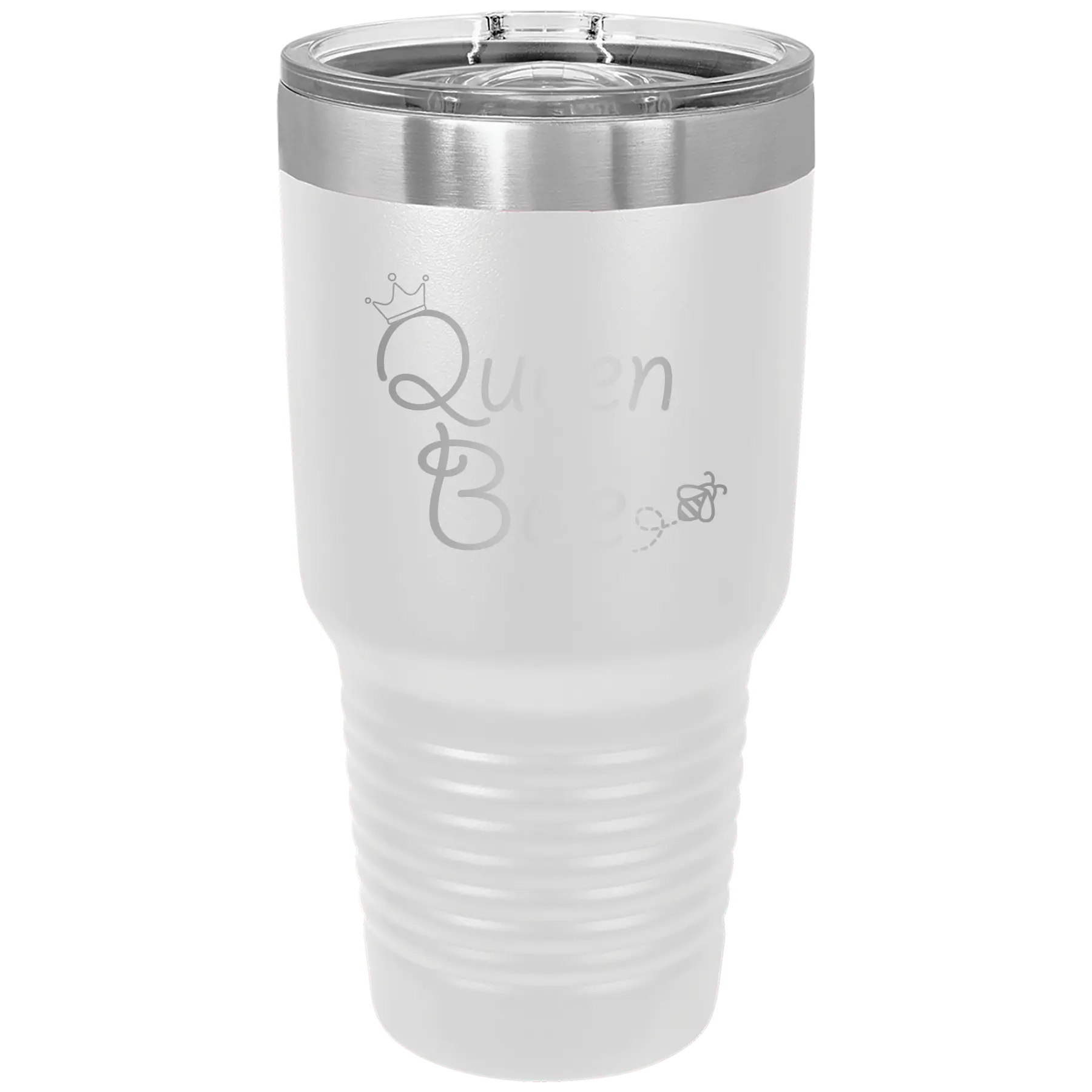 Laser etched white 30 oz vacuum insulated tumbler with 'Queen Bee' design