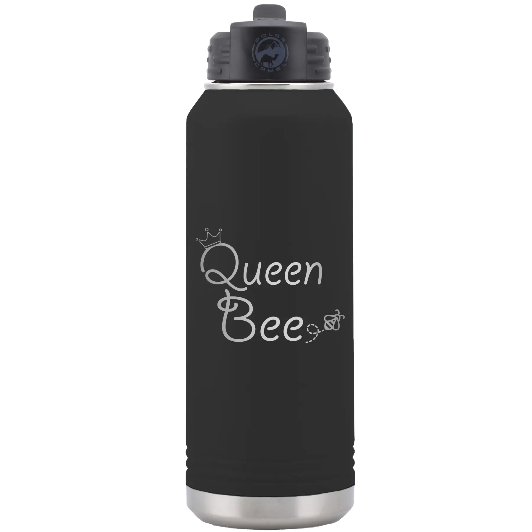 Laser etched black 32 oz vacuum insulated water bottle with 'Queen Bee' design