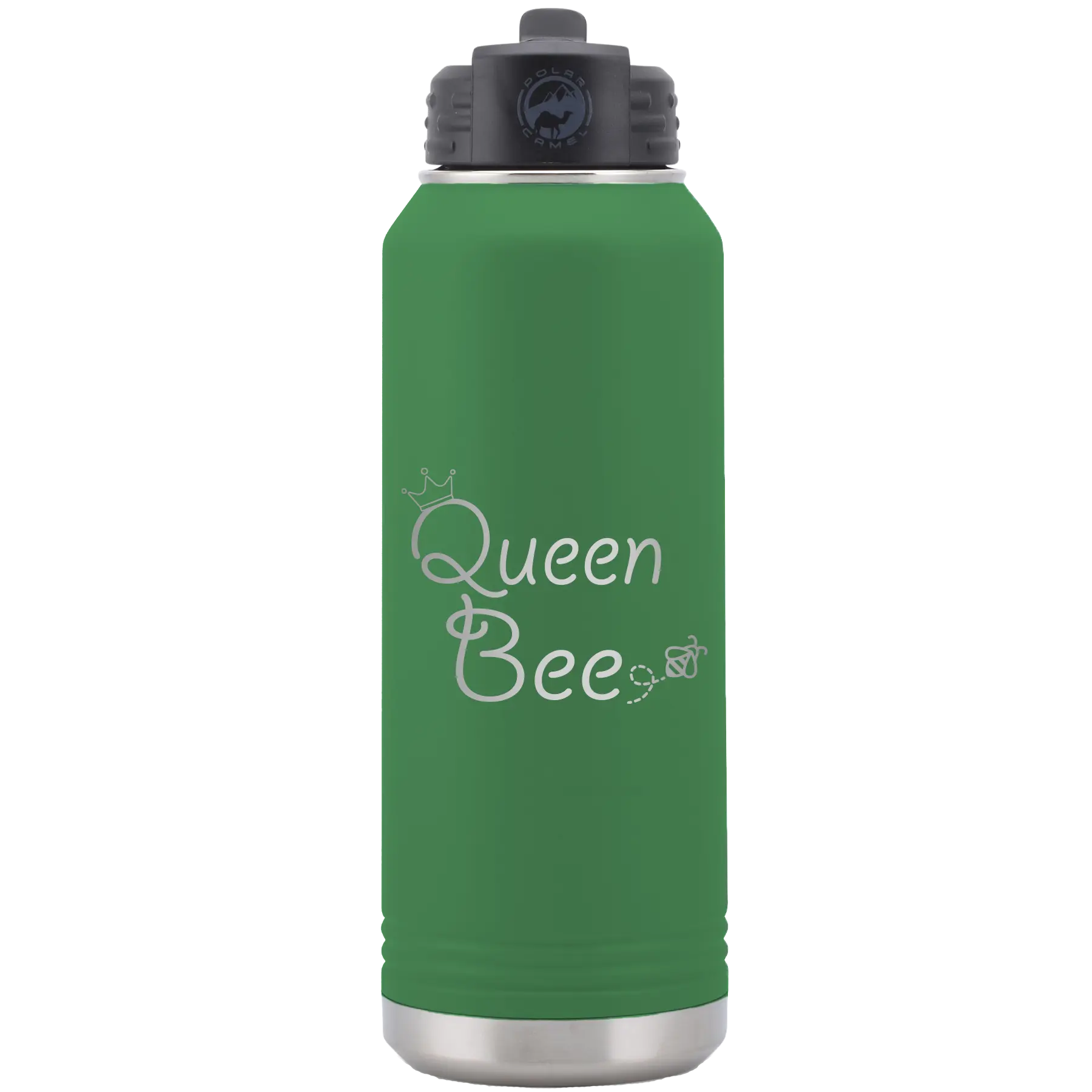 Laser etched green 32 oz vacuum insulated water bottle with 'Queen Bee' design