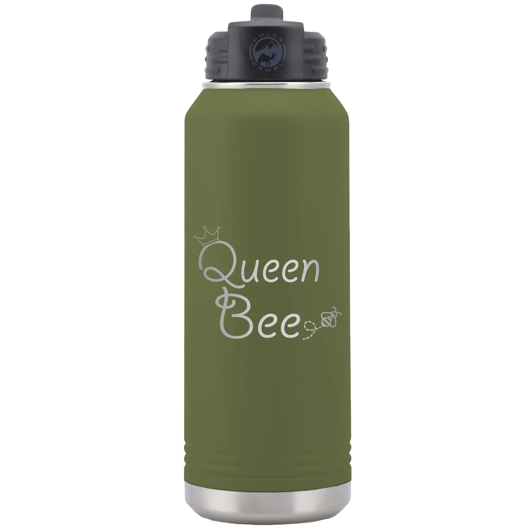 Laser etched olive green 32 oz vacuum insulated water bottle with 'Queen Bee' design
