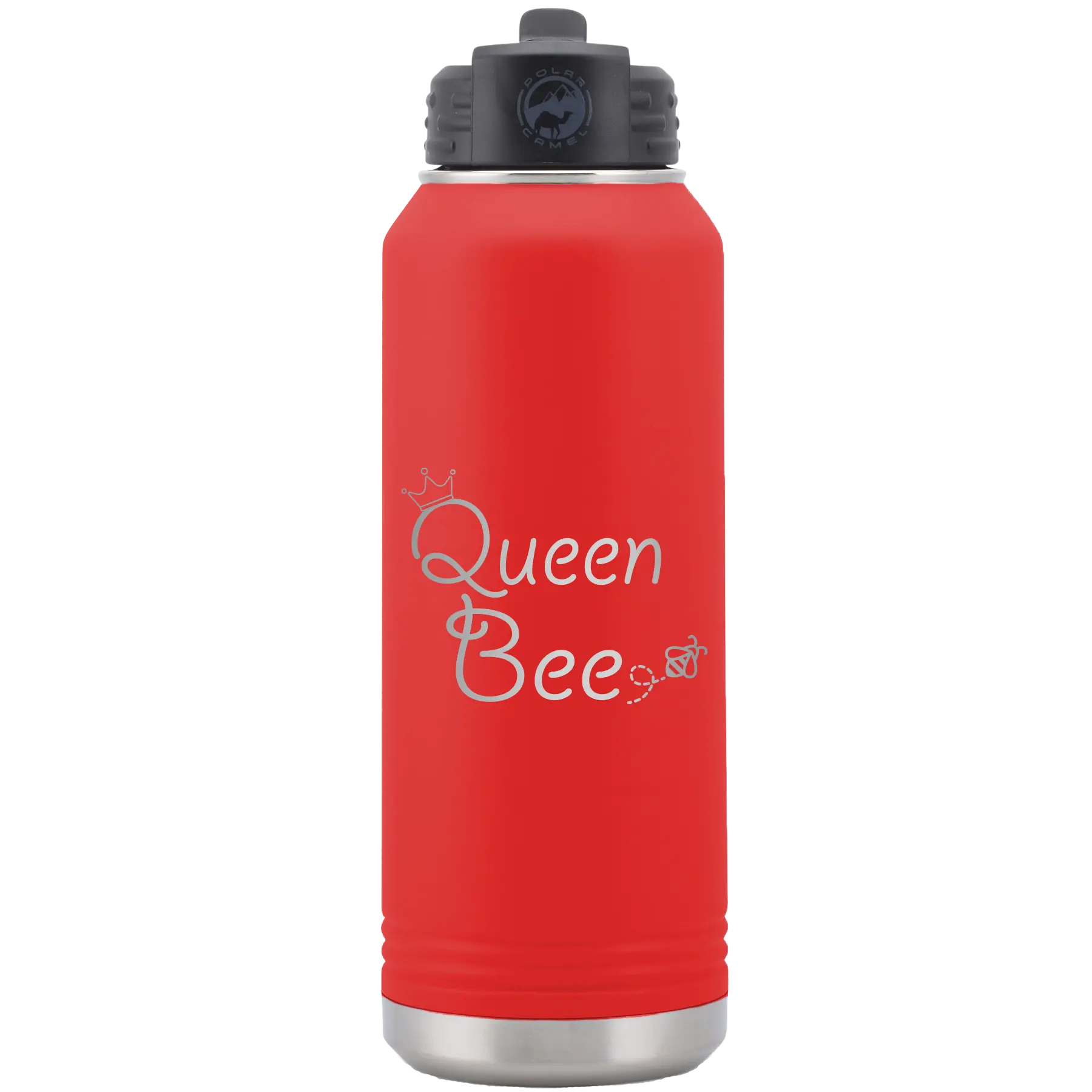 Laser etched red 32 oz vacuum insulated water bottle with 'Queen Bee' design
