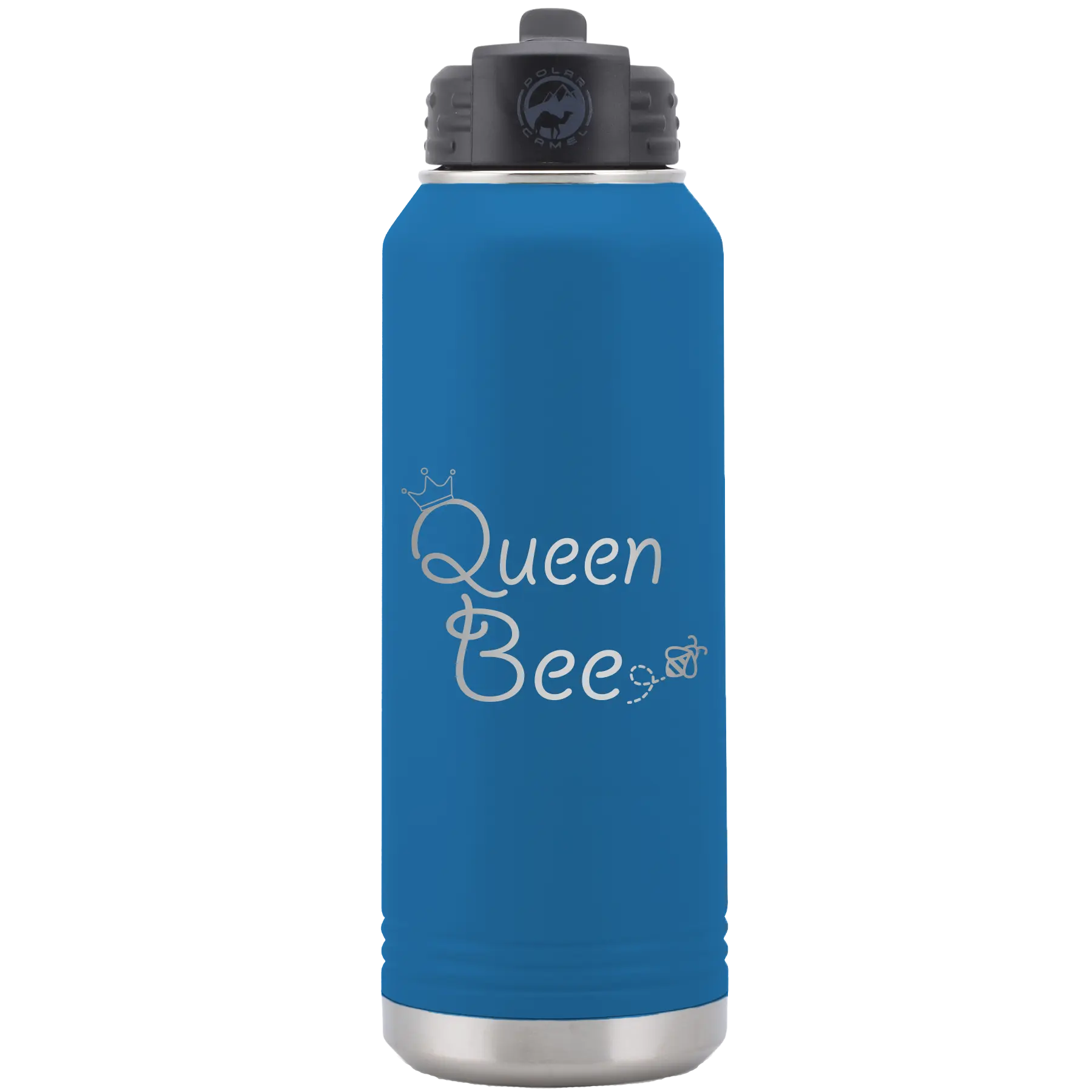 Laser etched royal blue 32 oz vacuum insulated water bottle with 'Queen Bee' design