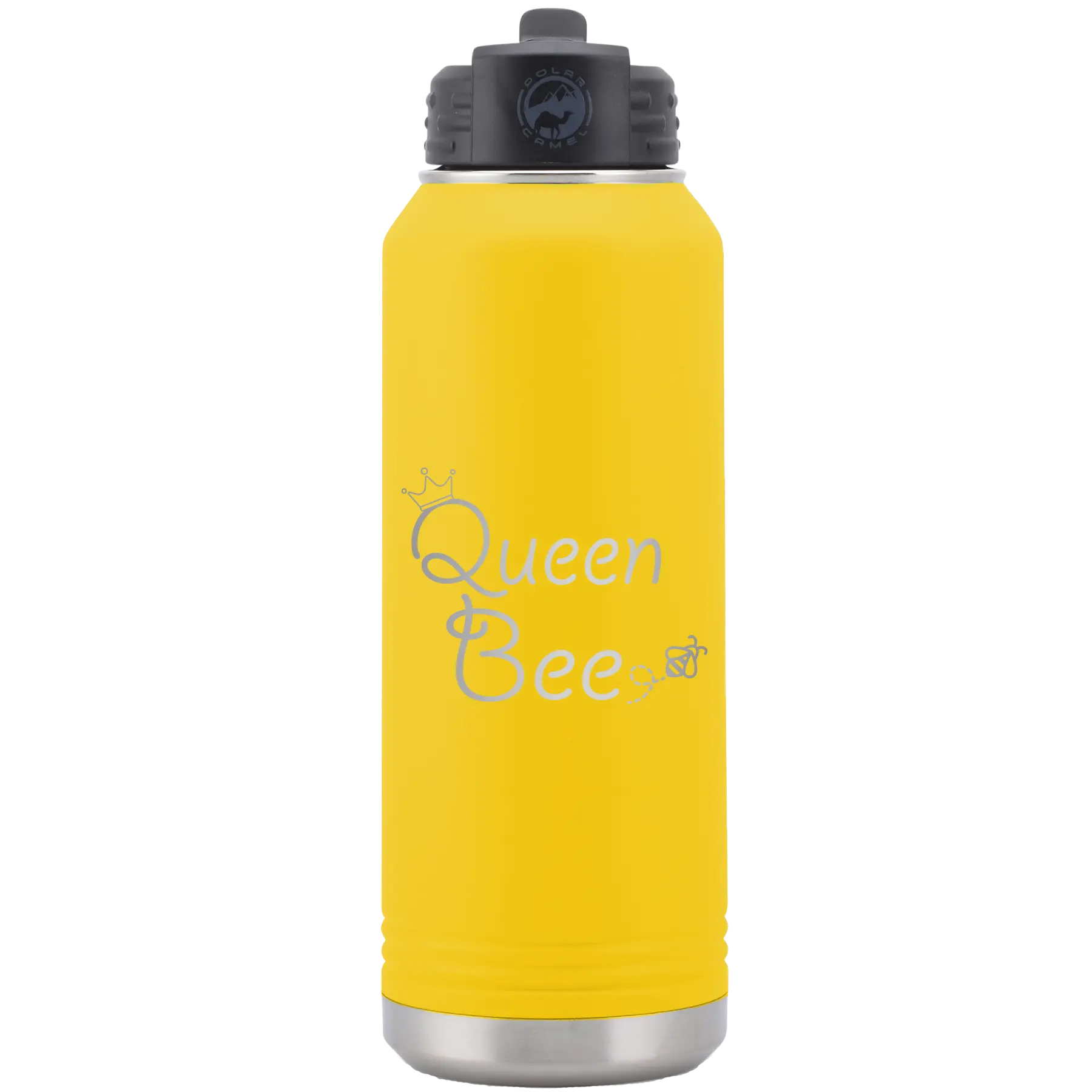 Laser etched yellow 32 oz vacuum insulated water bottle with 'Queen Bee' design