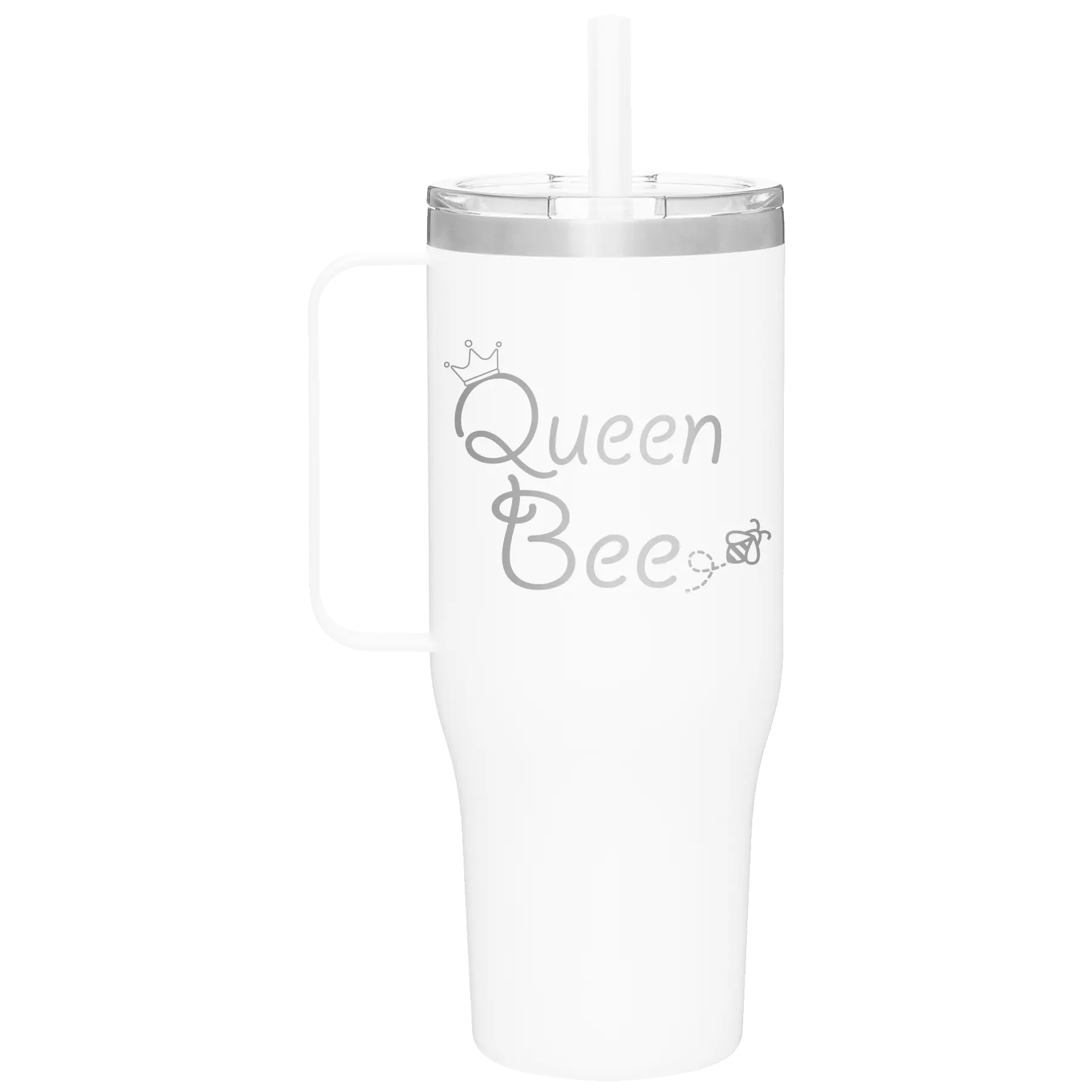 Laser etched white 40 oz vacuum insulated tumbler mug with 'Queen Bee' design