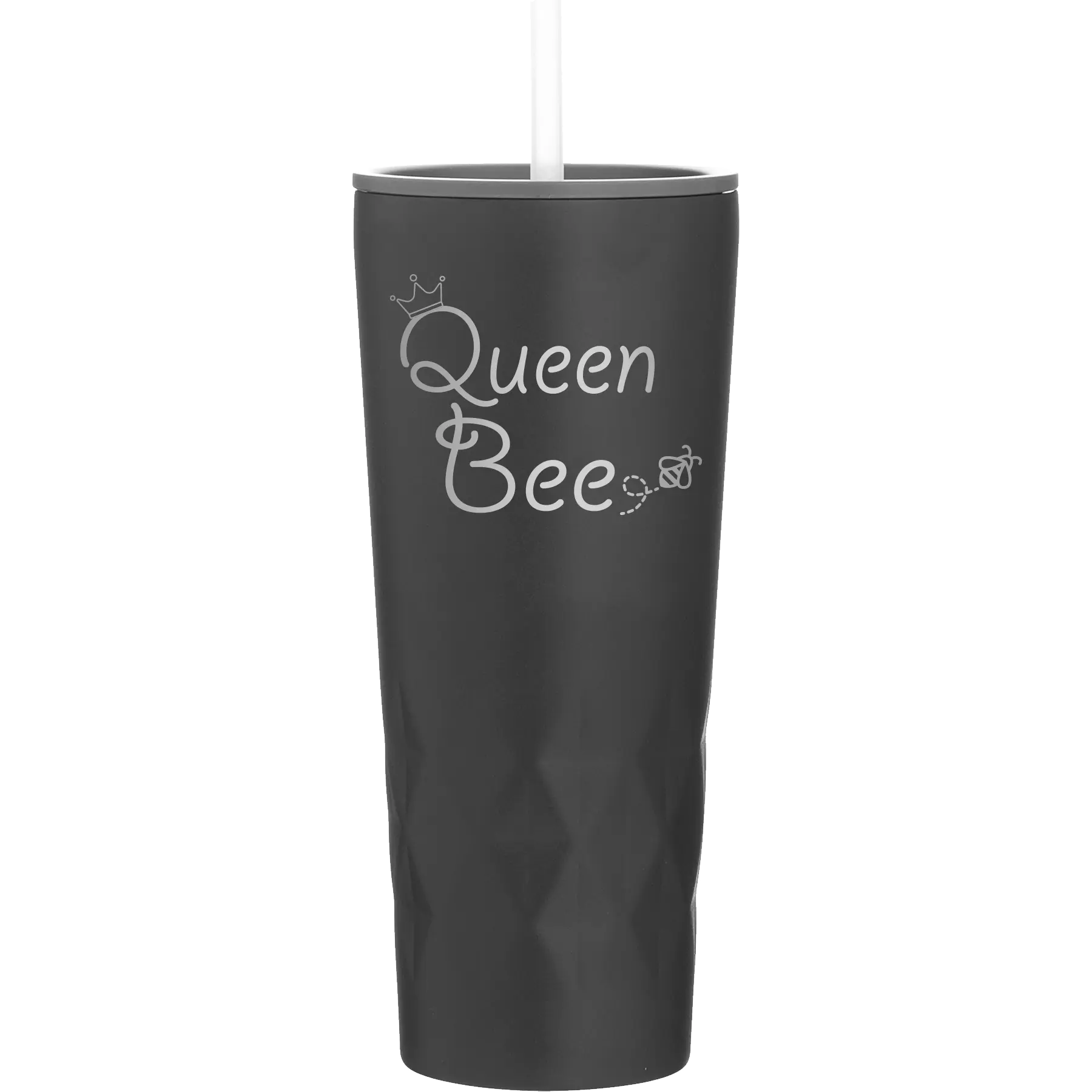 Laser etched black 20 oz vacuum insulated tumbler with 'Queen Bee' design