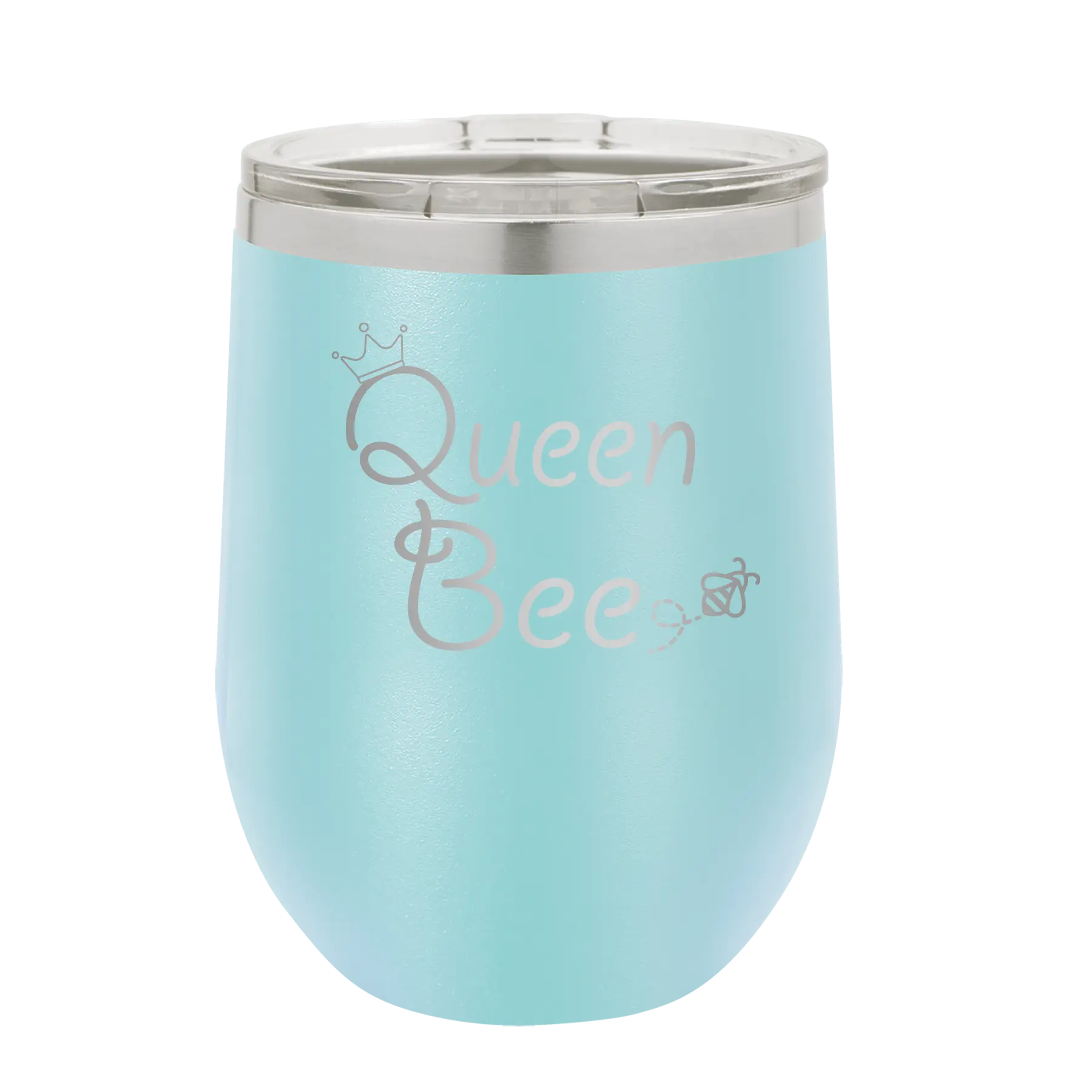 Laser etched light blue 12 oz vacuum insulated wine cup with 'Queen Bee' design