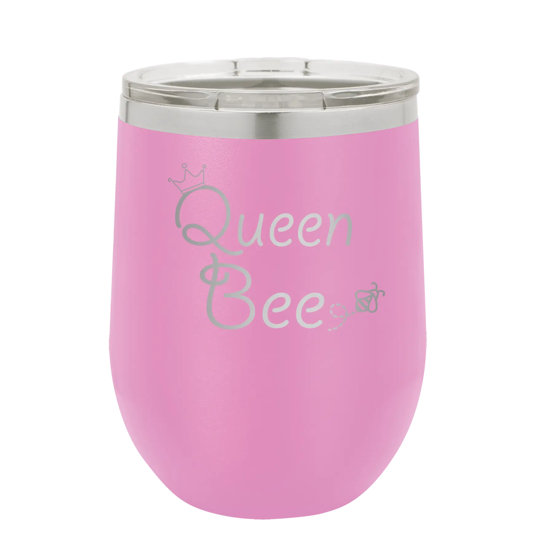 Laser etched light purple 12 oz vacuum insulated wine cup with 'Queen Bee' design