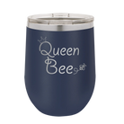 Laser etched navy 12 oz vacuum insulated wine cup with 'Queen Bee' design