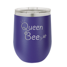 Laser etched purple 12 oz vacuum insulated wine cup with 'Queen Bee' design