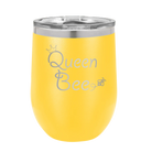 Laser etched yellow 12 oz vacuum insulated wine cup with 'Queen Bee' design