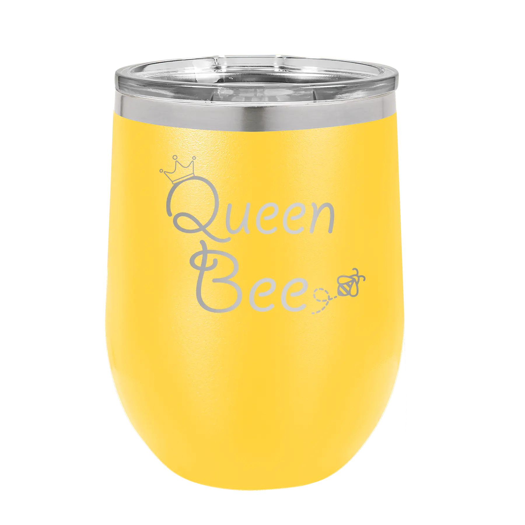 Laser etched yellow 12 oz vacuum insulated wine cup with 'Queen Bee' design