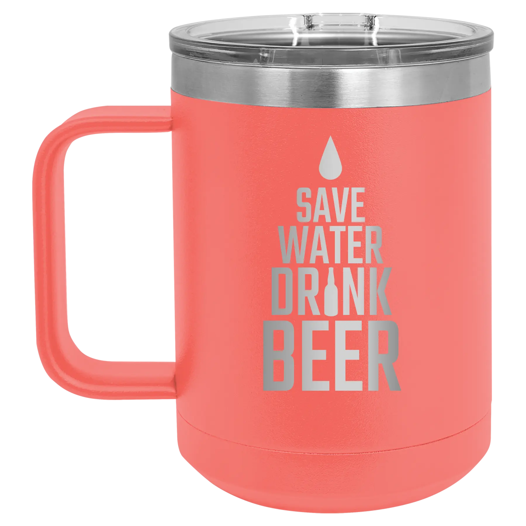 Laser etched coral 15 oz vacuum insulated coffee mug with 'Save Water Drink Beer' design