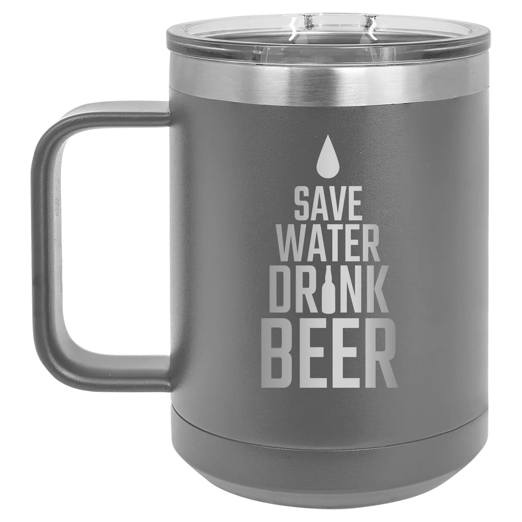 Laser etched dark gray 15 oz vacuum insulated coffee mug with 'Save Water Drink Beer' design