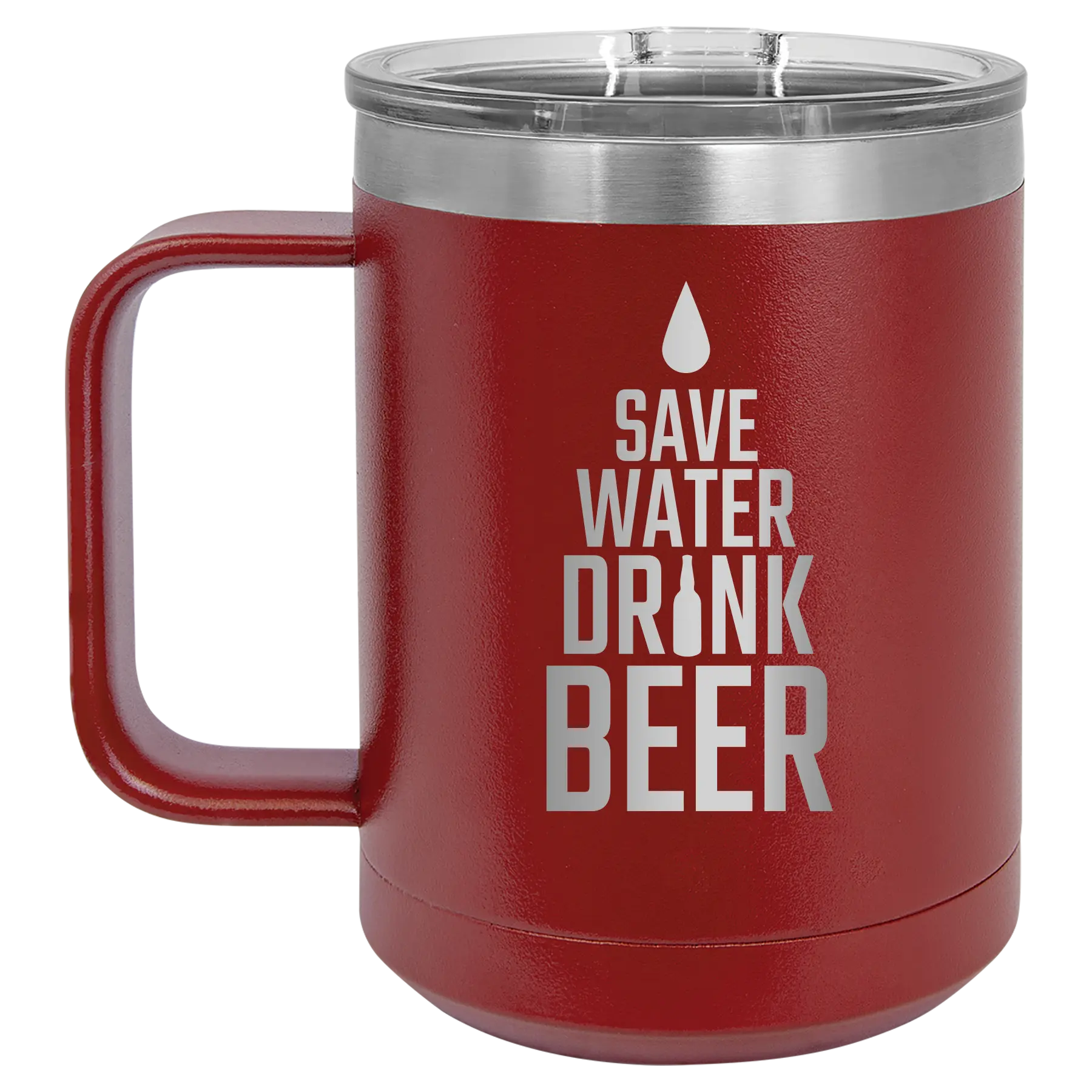 Laser etched maroon 15 oz vacuum insulated coffee mug with 'Save Water Drink Beer' design