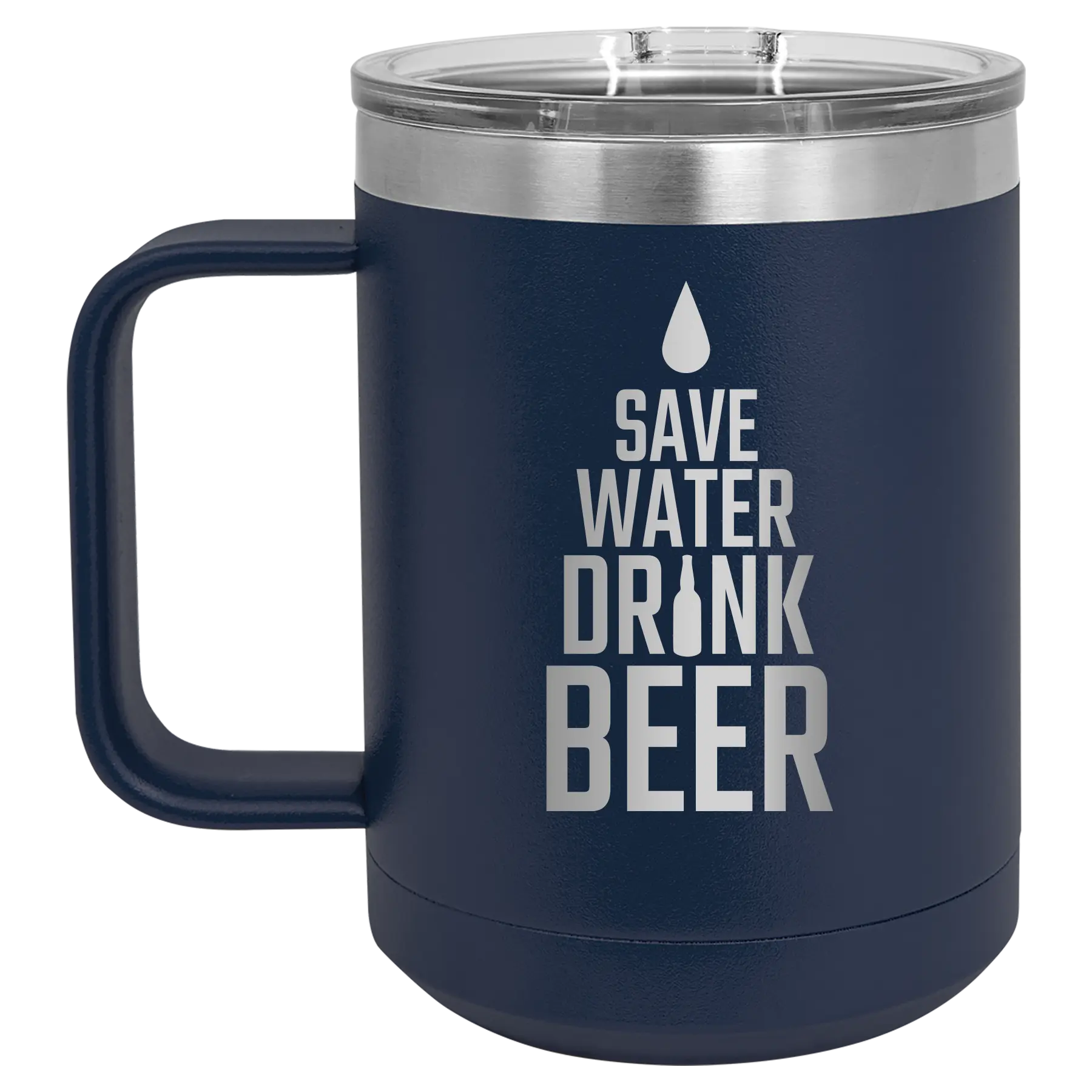 Laser etched navy 15 oz vacuum insulated coffee mug with 'Save Water Drink Beer' design