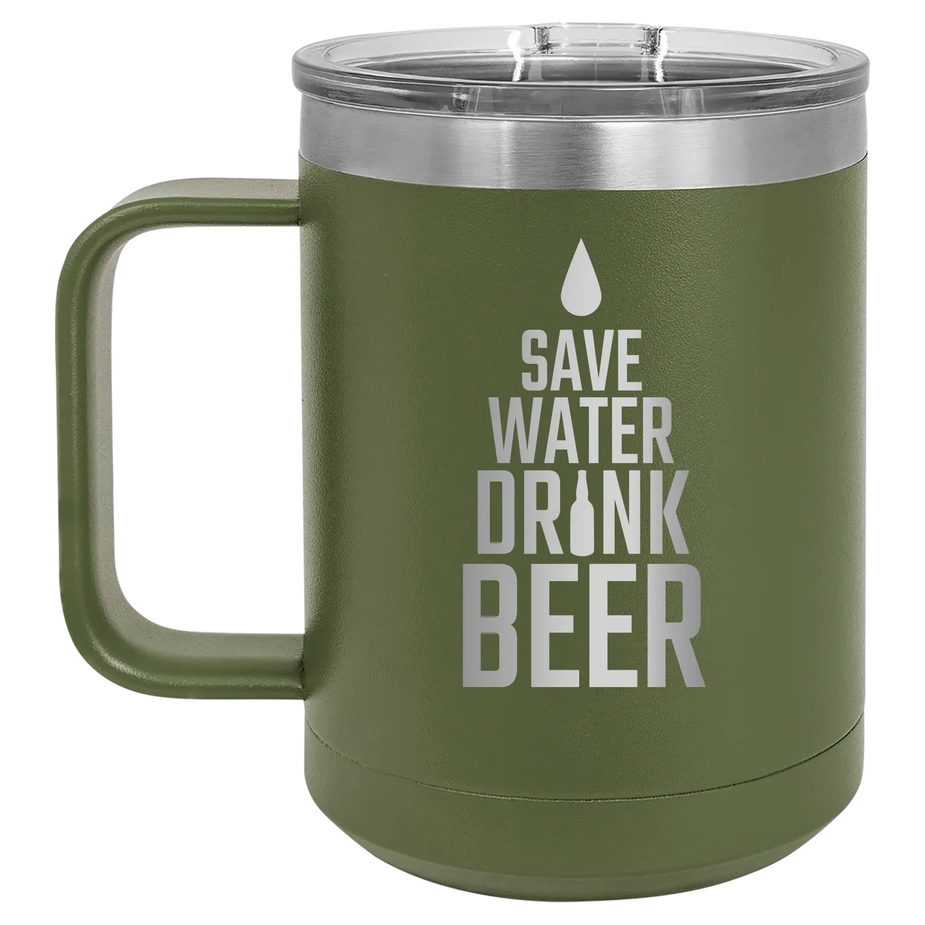 Laser etched olive green 15 oz vacuum insulated coffee mug with 'Save Water Drink Beer' design