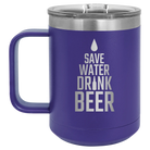 Laser etched purple 15 oz vacuum insulated coffee mug with 'Save Water Drink Beer' design