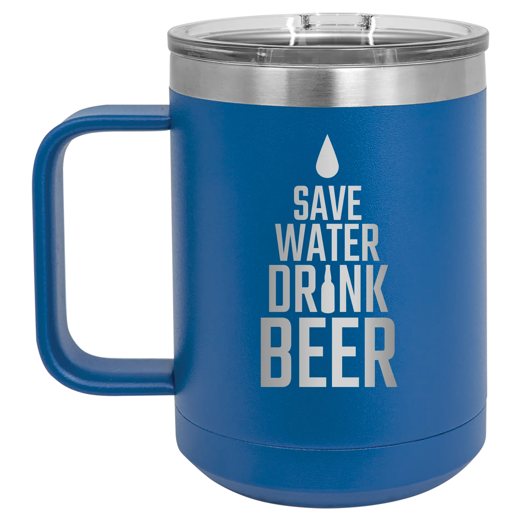 Laser etched royal blue 15 oz vacuum insulated coffee mug with 'Save Water Drink Beer' design