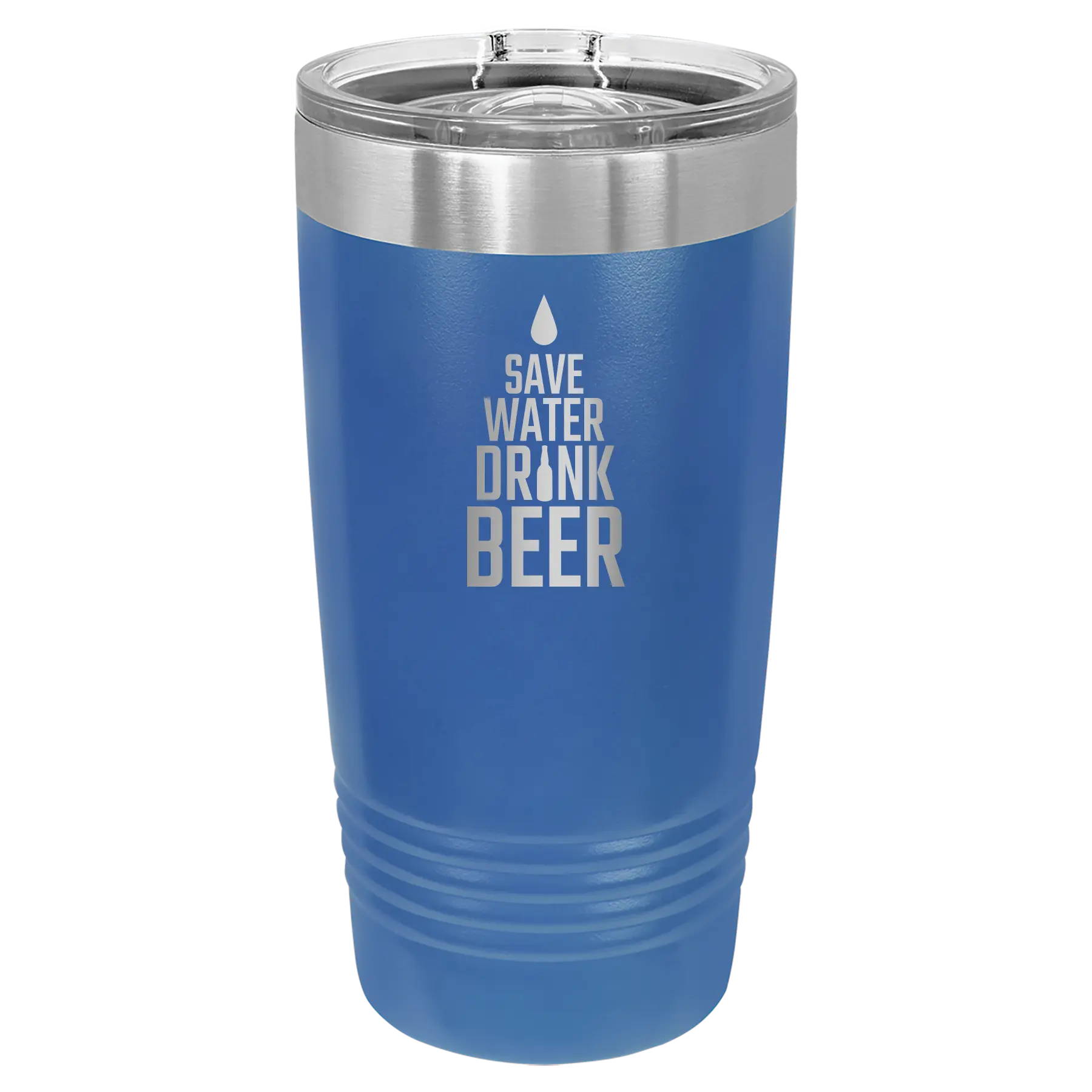 Laser etched royal blue 20 oz vacuum insulated tumbler with 'Save Water Drink Beer' design