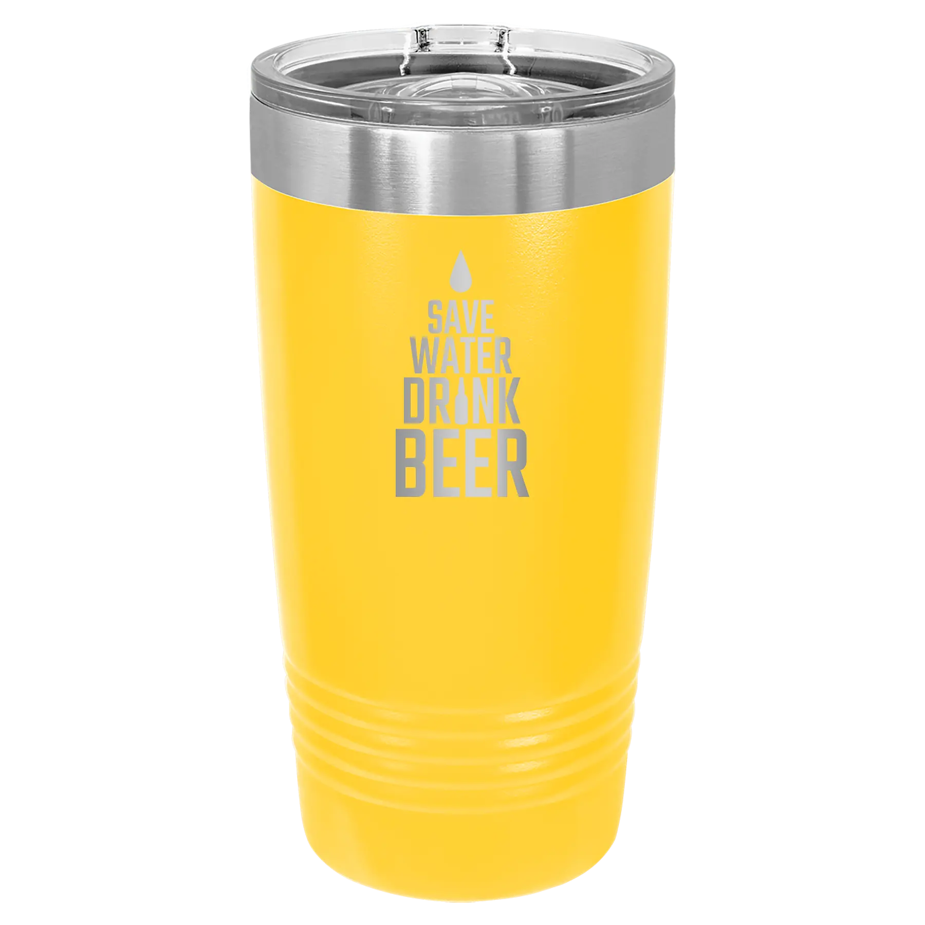 Laser etched yellow 20 oz vacuum insulated tumbler with 'Save Water Drink Beer' design