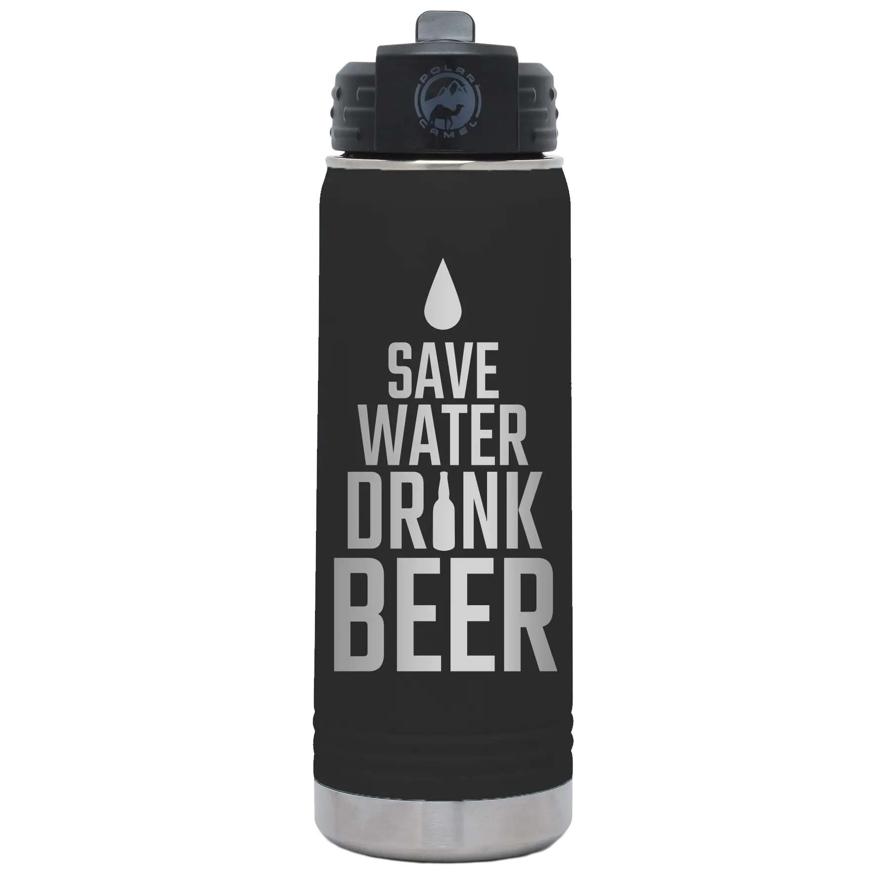 Laser etched black 20 oz vacuum insulated water bottle with 'Save Water Drink Beer' design
