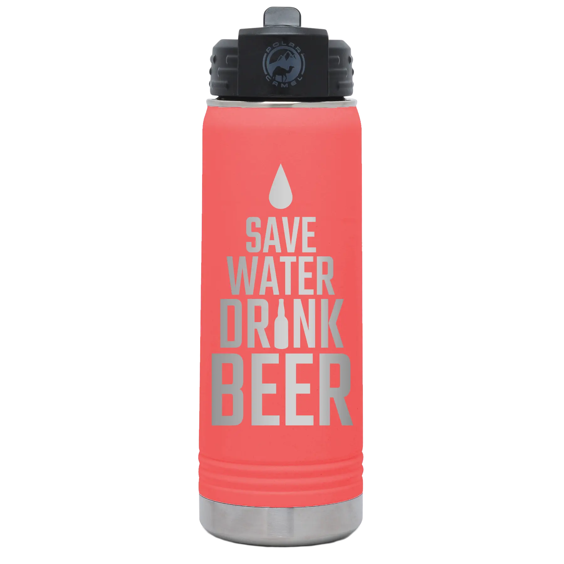 Laser etched coral 20 oz vacuum insulated water bottle with 'Save Water Drink Beer' design