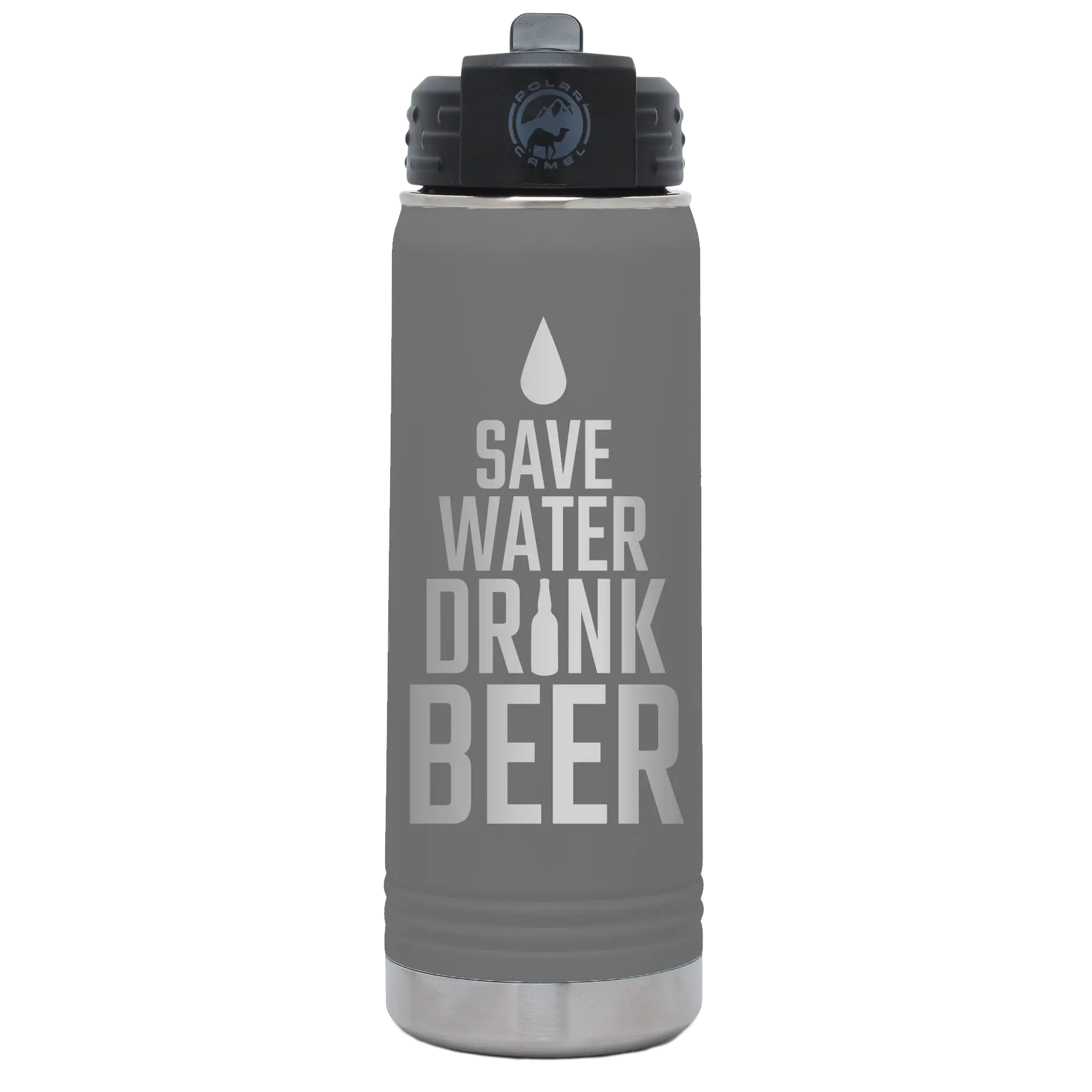 Laser etched dark gray 20 oz vacuum insulated water bottle with 'Save Water Drink Beer' design