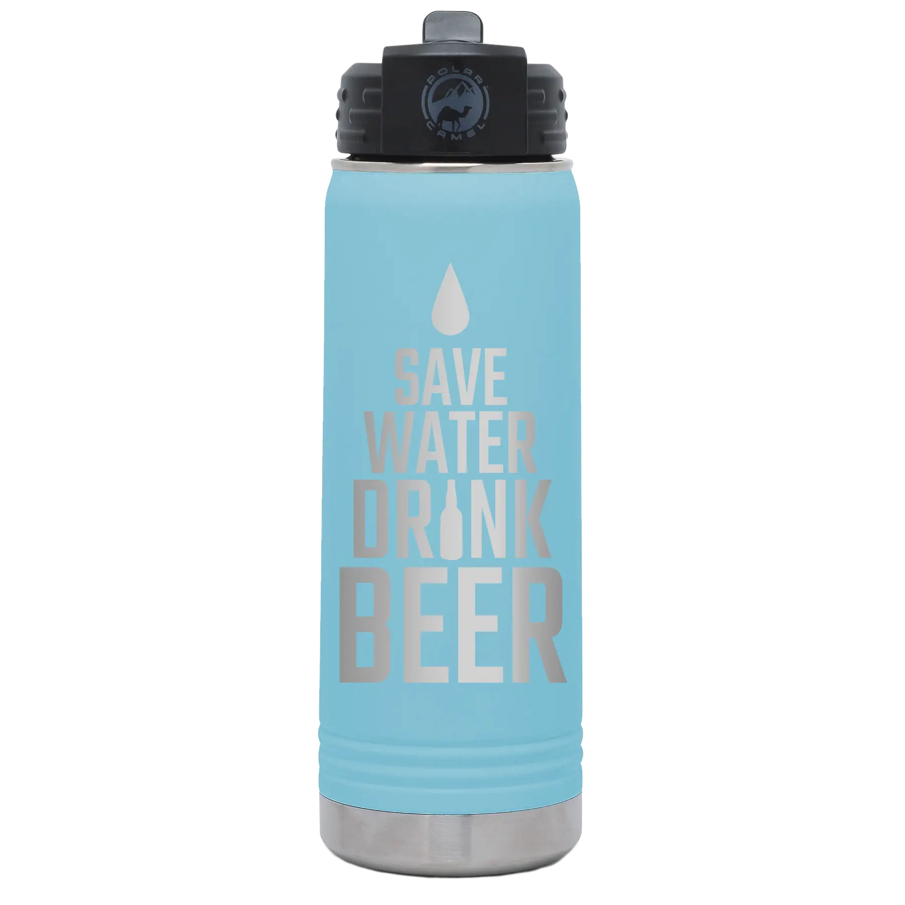 Laser etched light blue 20 oz vacuum insulated water bottle with 'Save Water Drink Beer' design