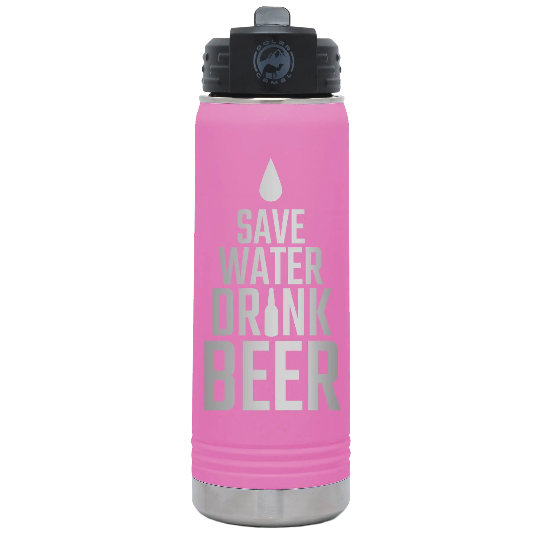 Laser etched light purple 20 oz vacuum insulated water bottle with 'Save Water Drink Beer' design