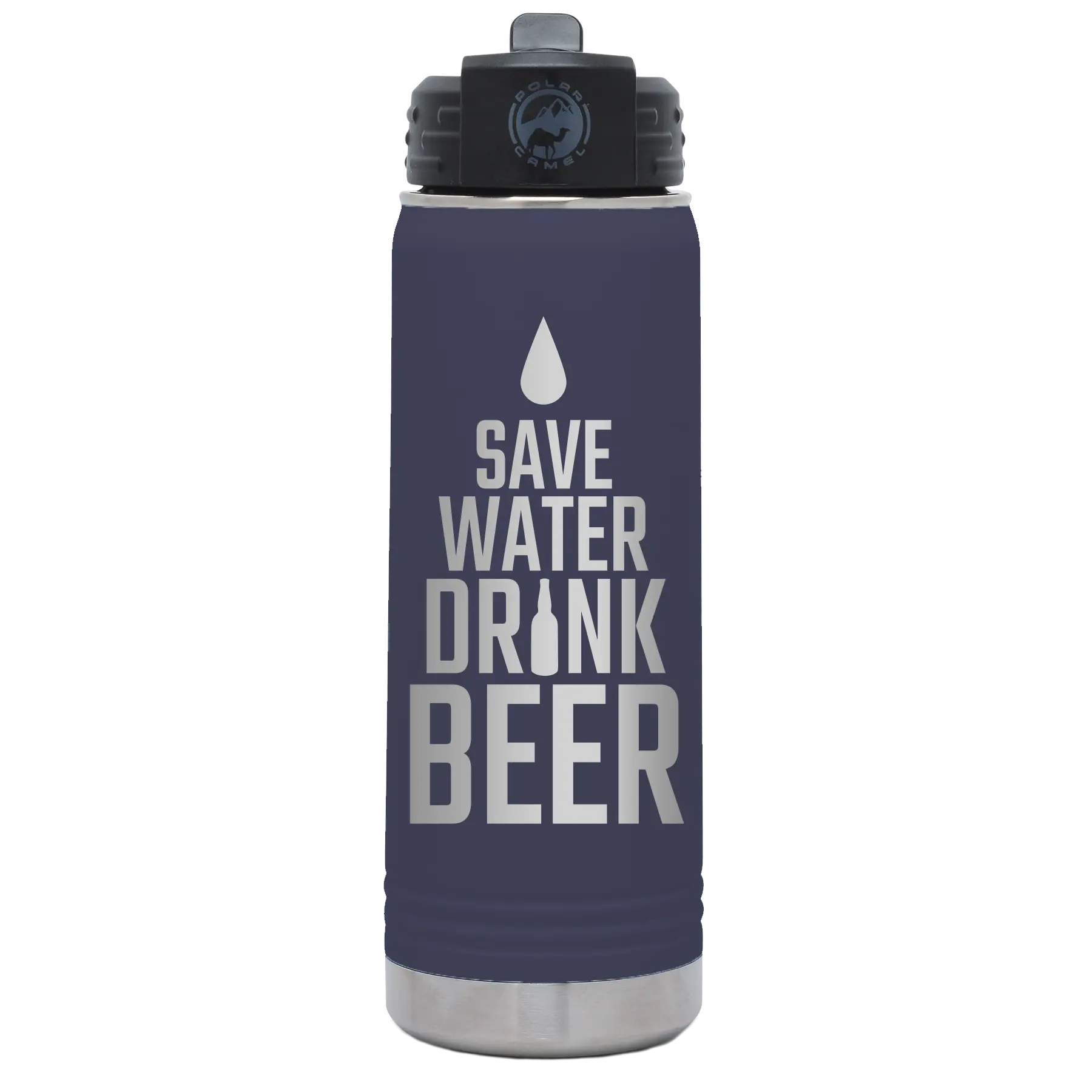 Laser etched navy 20 oz vacuum insulated water bottle with 'Save Water Drink Beer' design