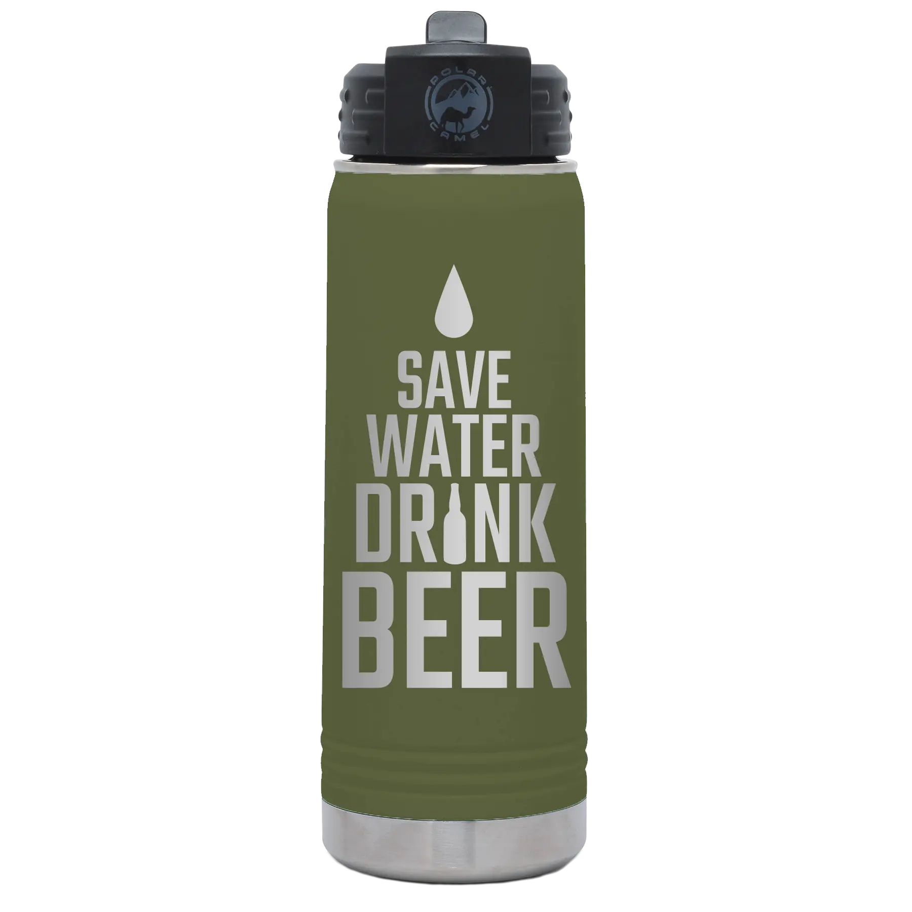 Laser etched olive green 20 oz vacuum insulated water bottle with 'Save Water Drink Beer' design