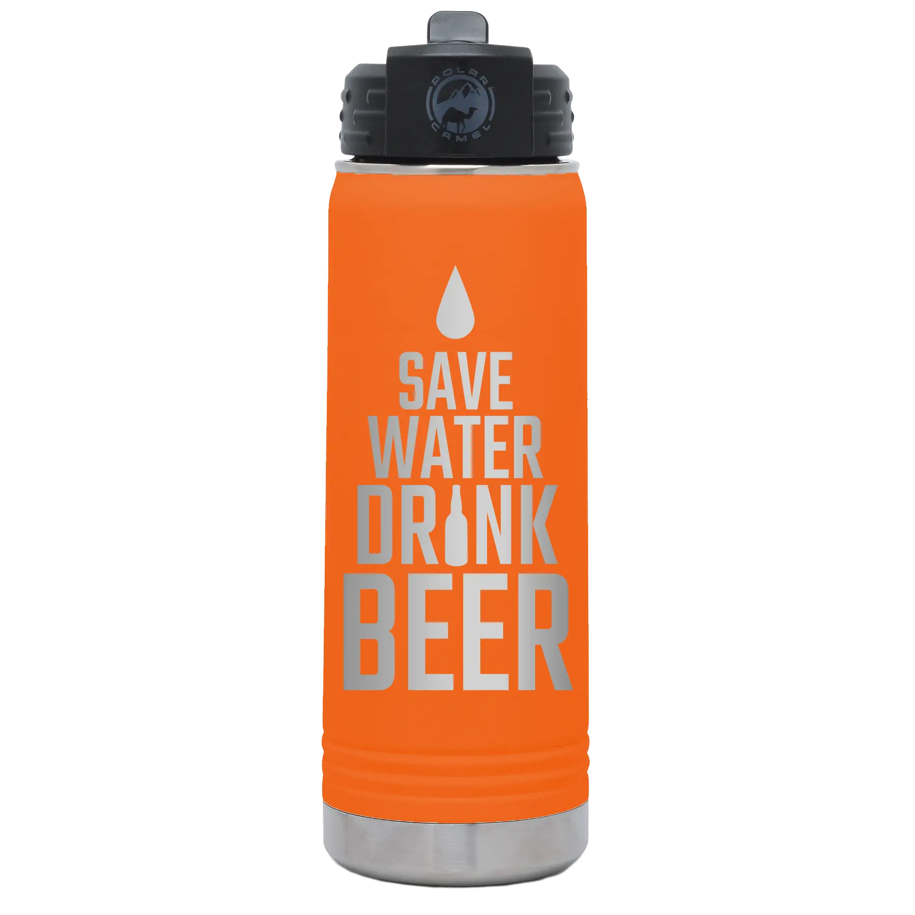 Laser etched orange 20 oz vacuum insulated water bottle with 'Save Water Drink Beer' design