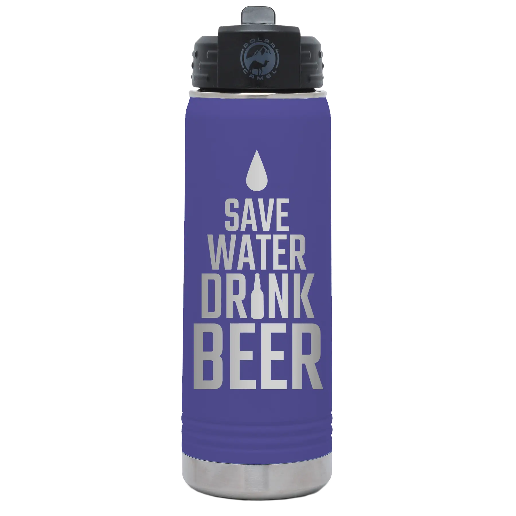 Laser etched purple 20 oz vacuum insulated water bottle with 'Save Water Drink Beer' design
