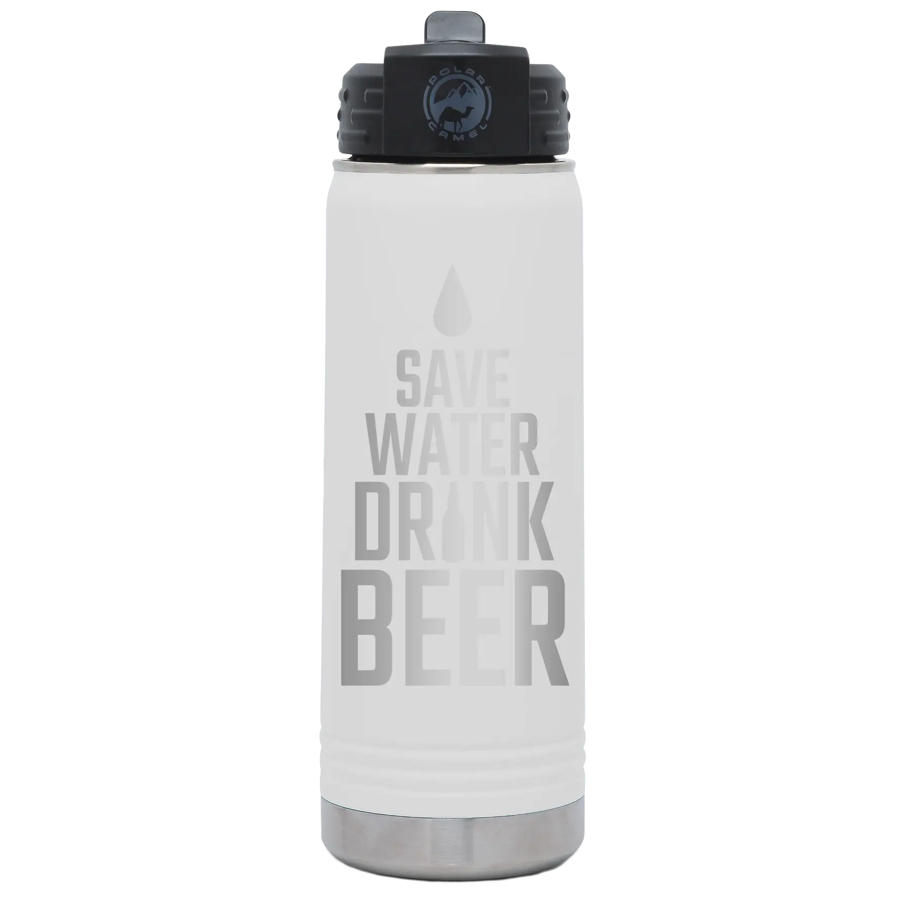 Laser etched white 20 oz vacuum insulated water bottle with 'Save Water Drink Beer' design