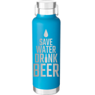 Laser etched aqua 24 oz vacuum insulated water bottle with 'Save Water Drink Beer' design